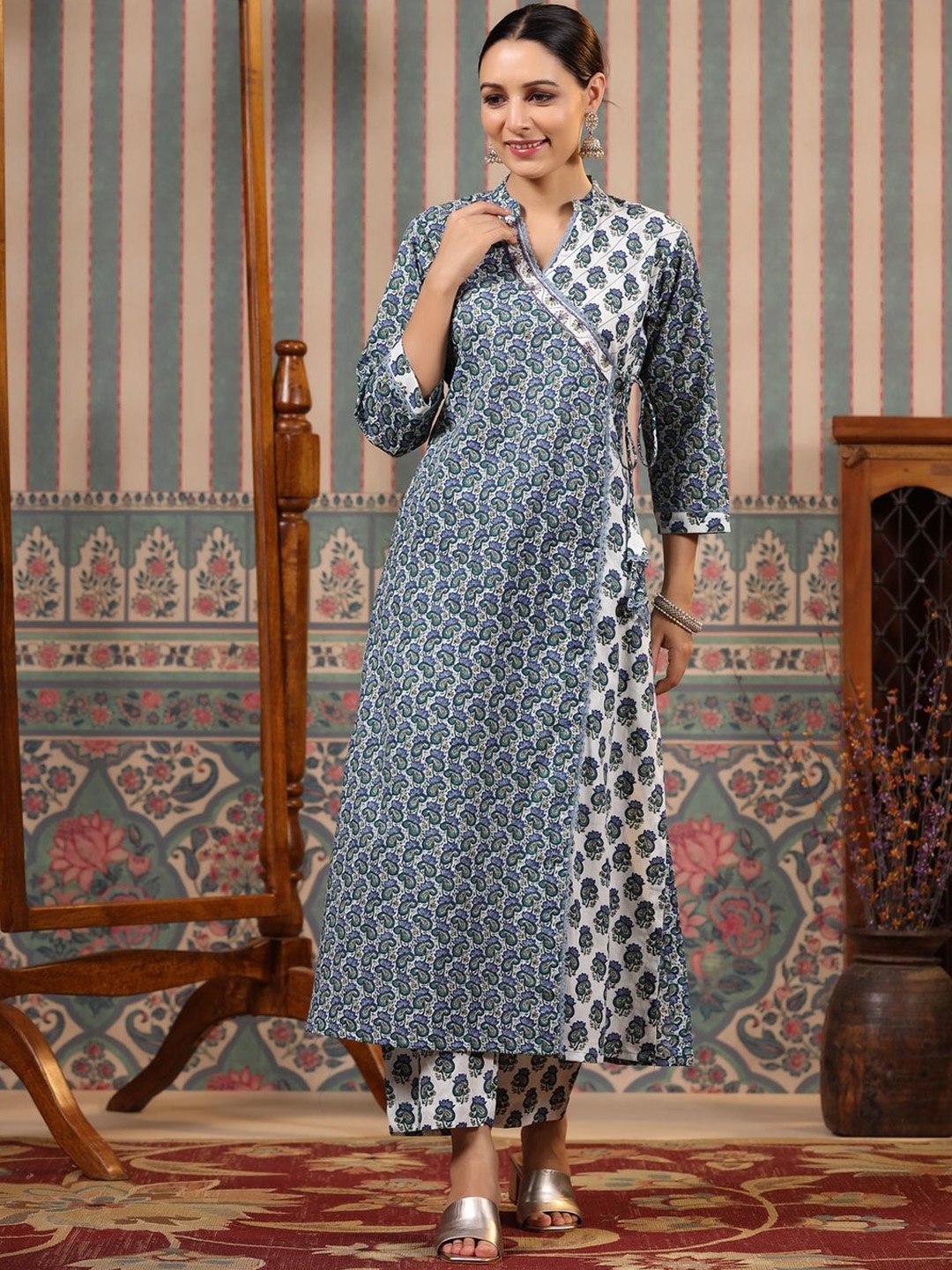 

KALINI Women Ethnic Motifs Printed Angrakha Beads and Stones Pure Cotton Kurta with Trousers, Blue