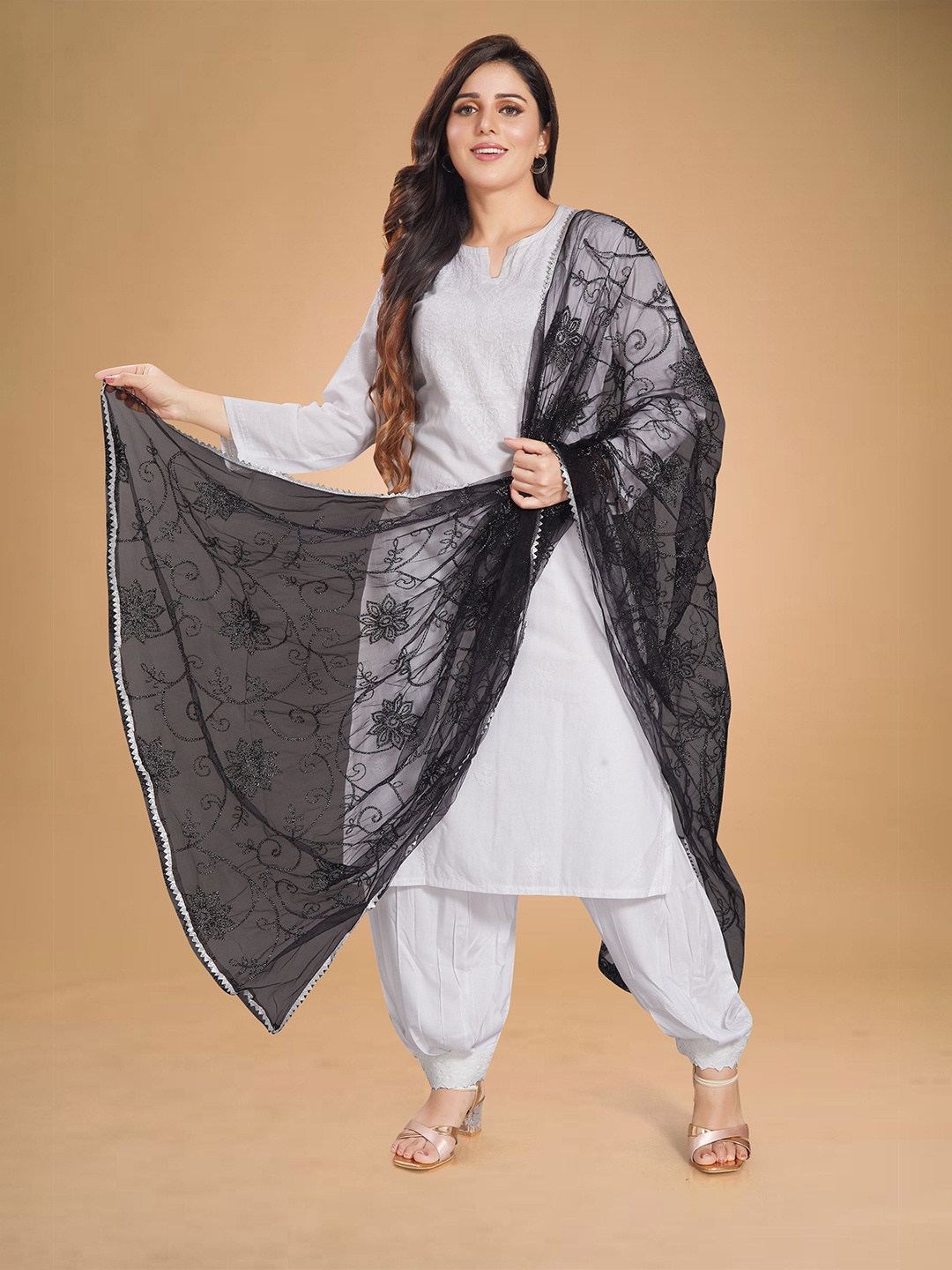 

Rani Saahiba Floral Embroidered Thread Work Net Dupatta, Black