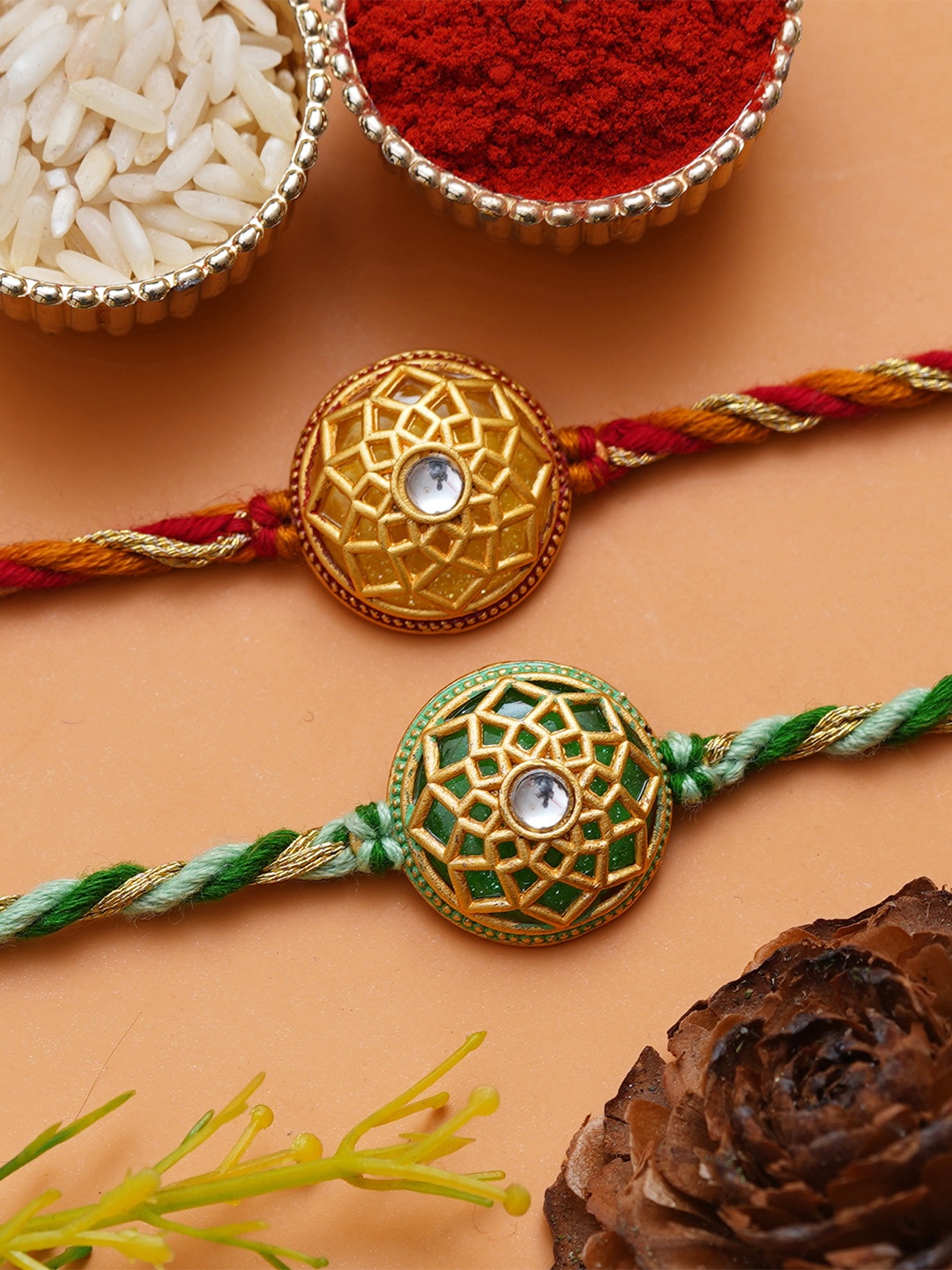

eCraftIndia Unisex Set of 2 Floral Designer Rakhi, Green
