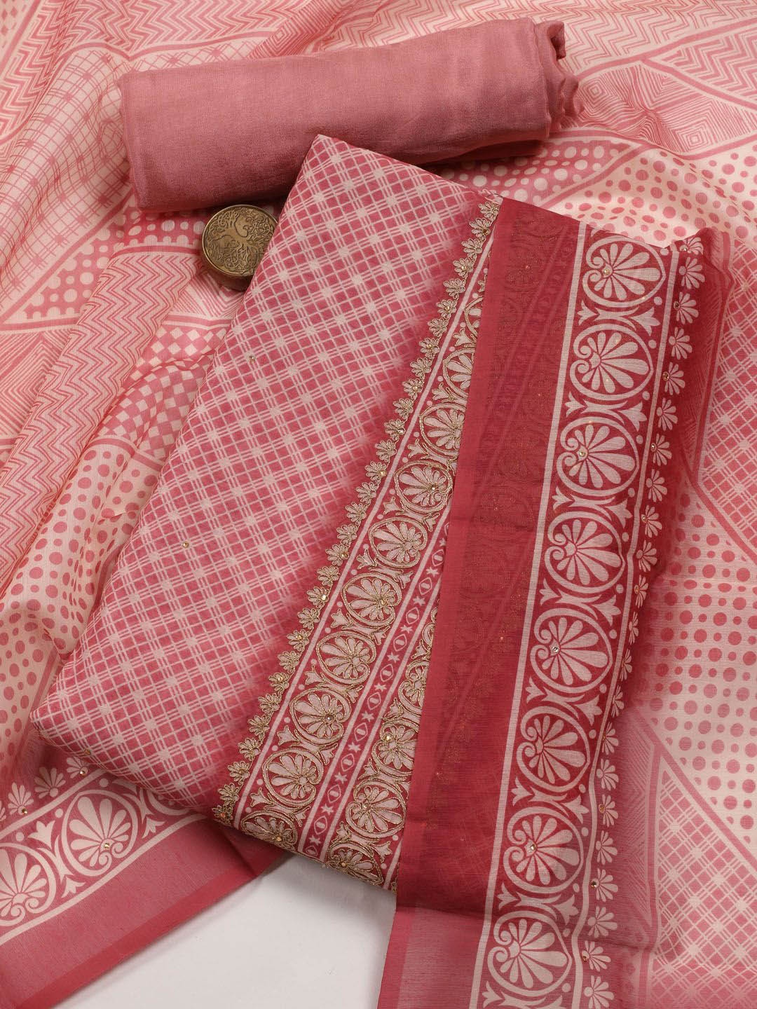 

Meena Bazaar Printed Art Silk Unstitched Dress Material, Pink