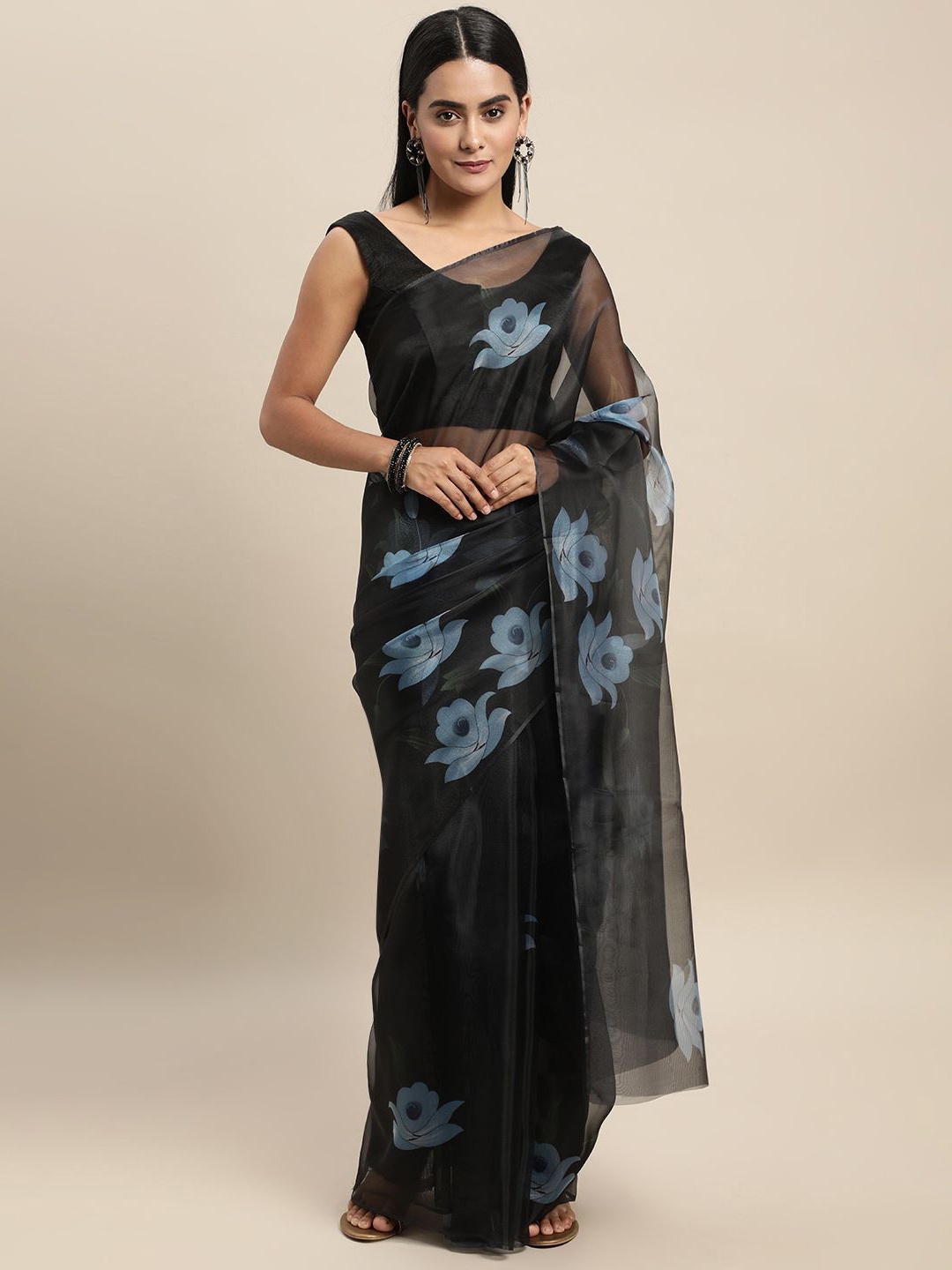 

KIMISHA Floral Printed Organza Saree, Navy blue