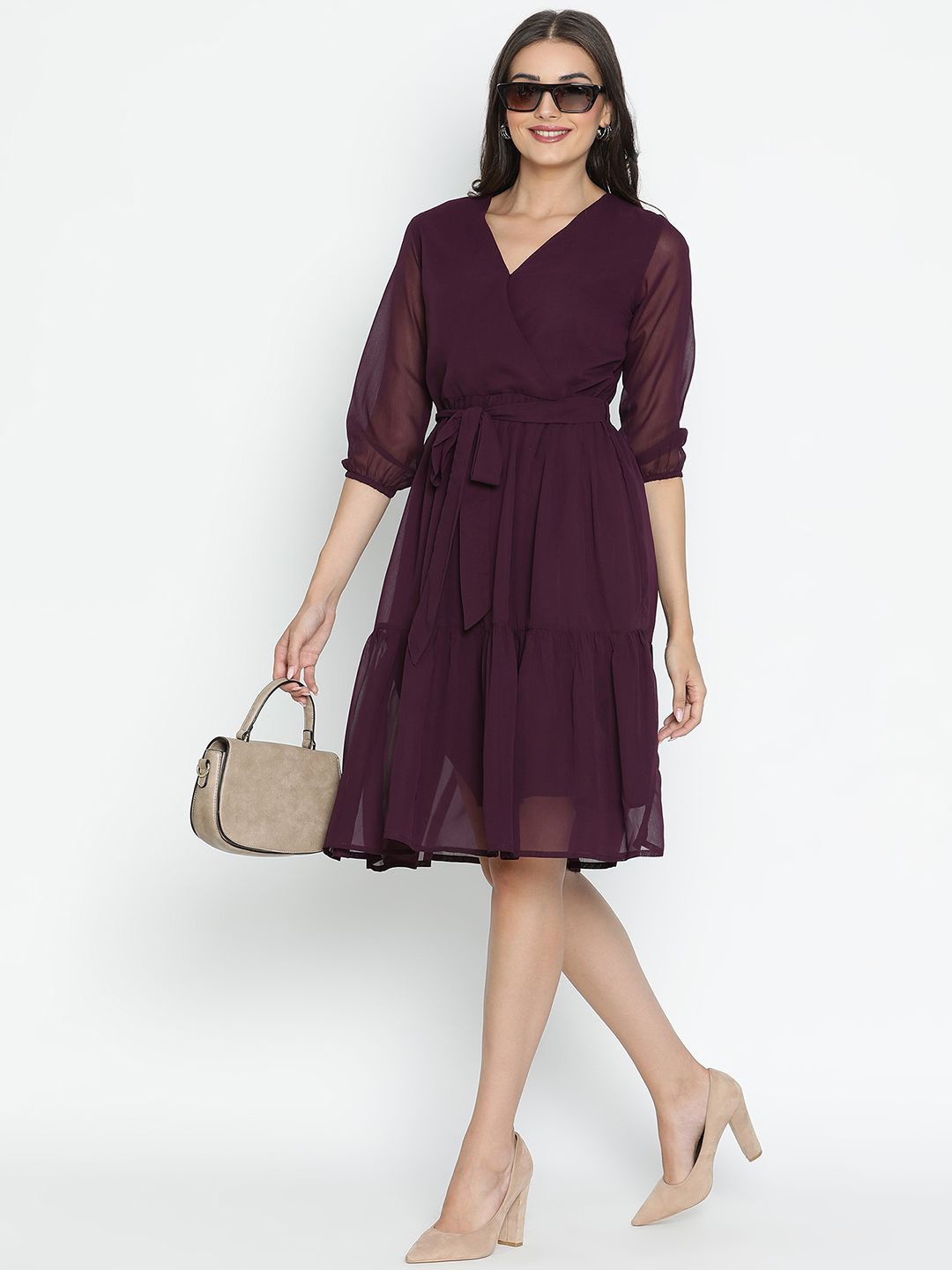 

DRAAX Fashions Puff Sleeve Fit & Flare Dress, Magenta
