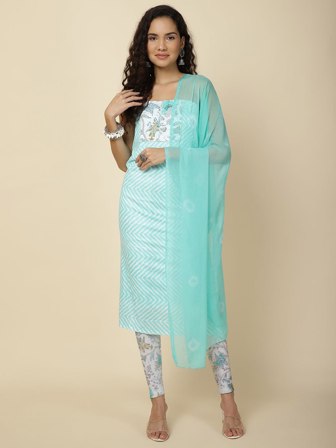 

Meena Bazaar Printed Unstitched Dress Material, Sea green