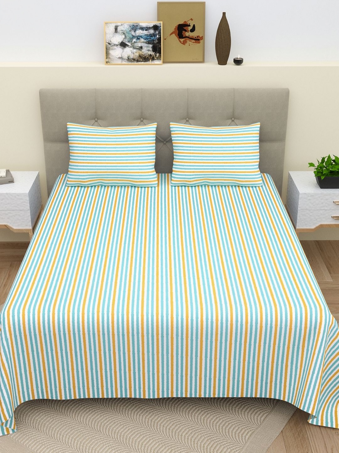

BELLA CASA Green & White 220 TC King Bedsheet with 2 Pillow Covers