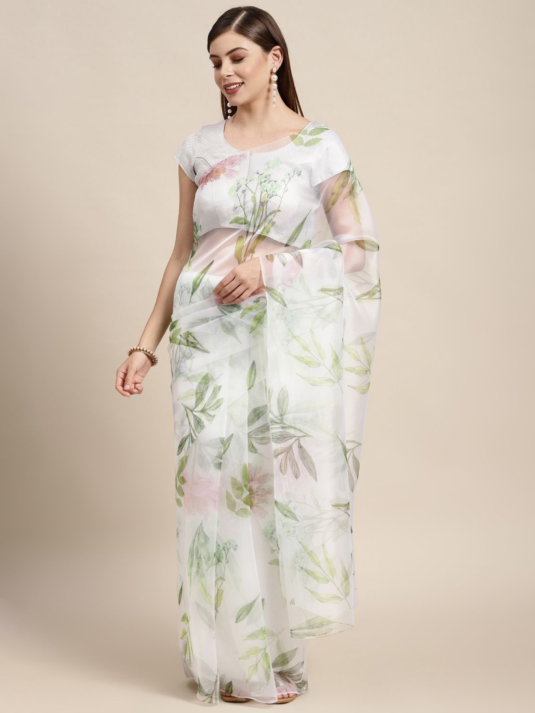 

KIMISHA Printed Floral Organza Saree, Cream