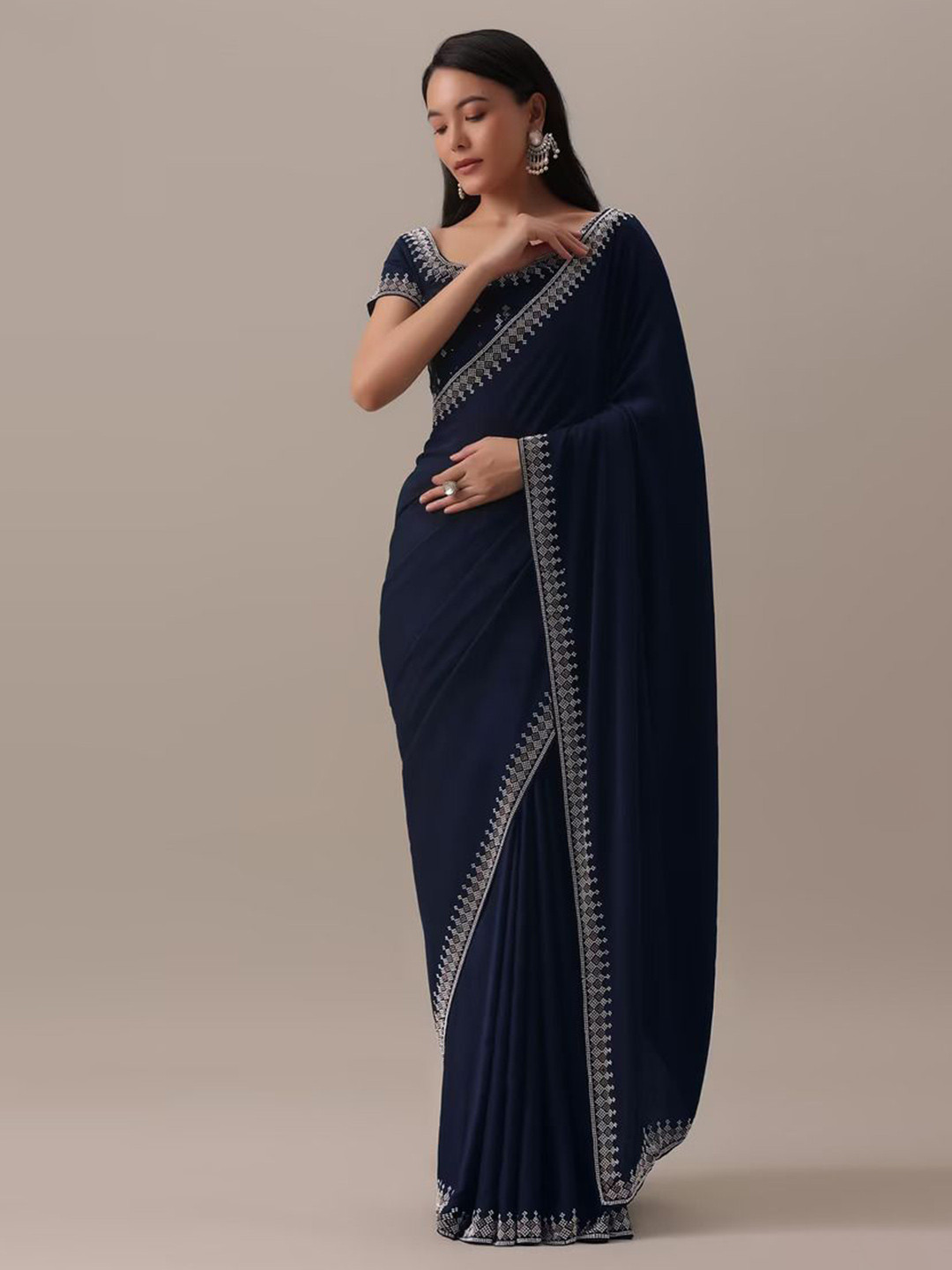 

FEBO FASHION Ethnic Motifs Beads and Stones Poly Georgette Saree, Navy blue