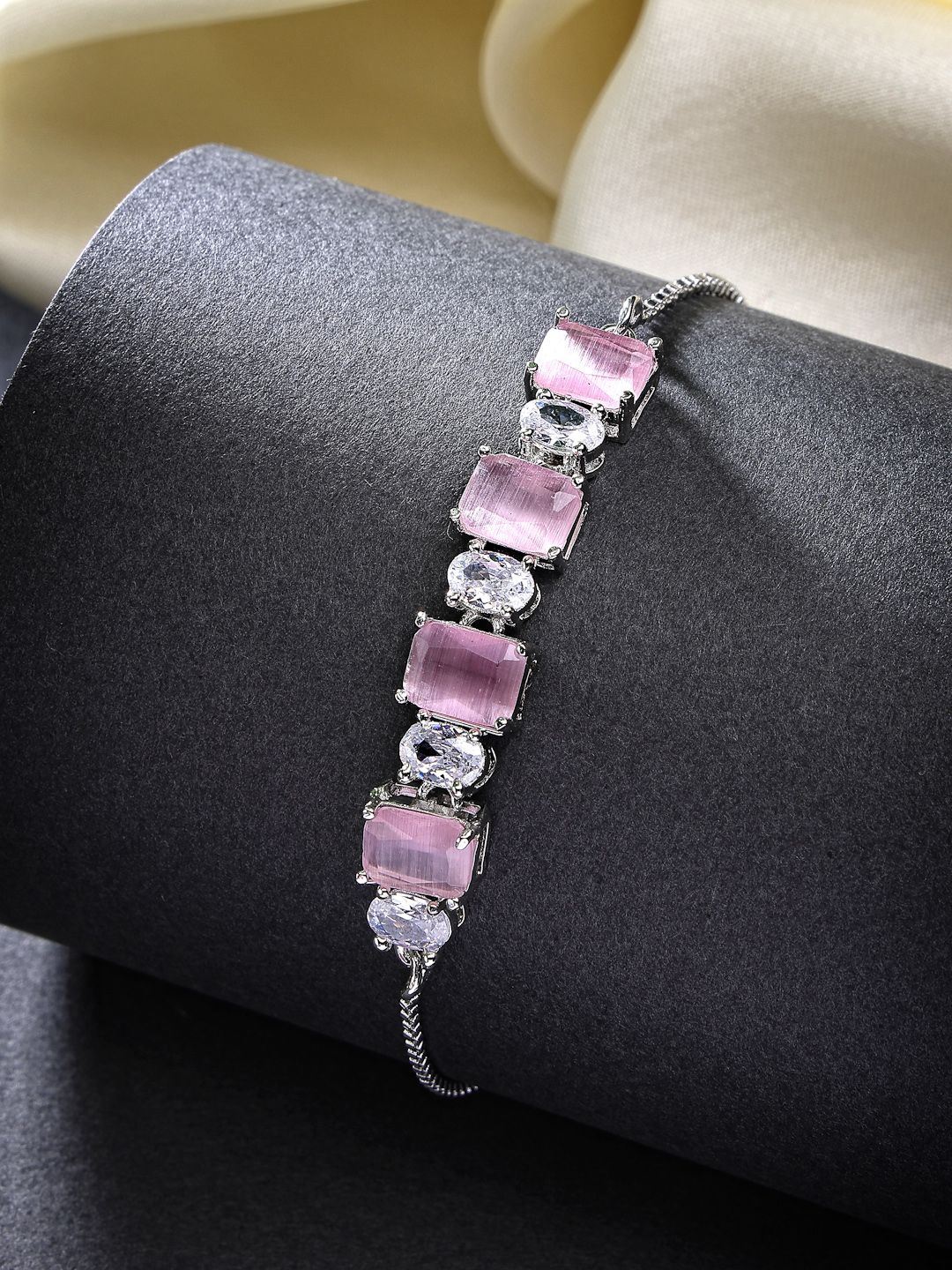

ZENEME Rhodium Plated American Diamond Studded Wraparound Bracelet, Silver