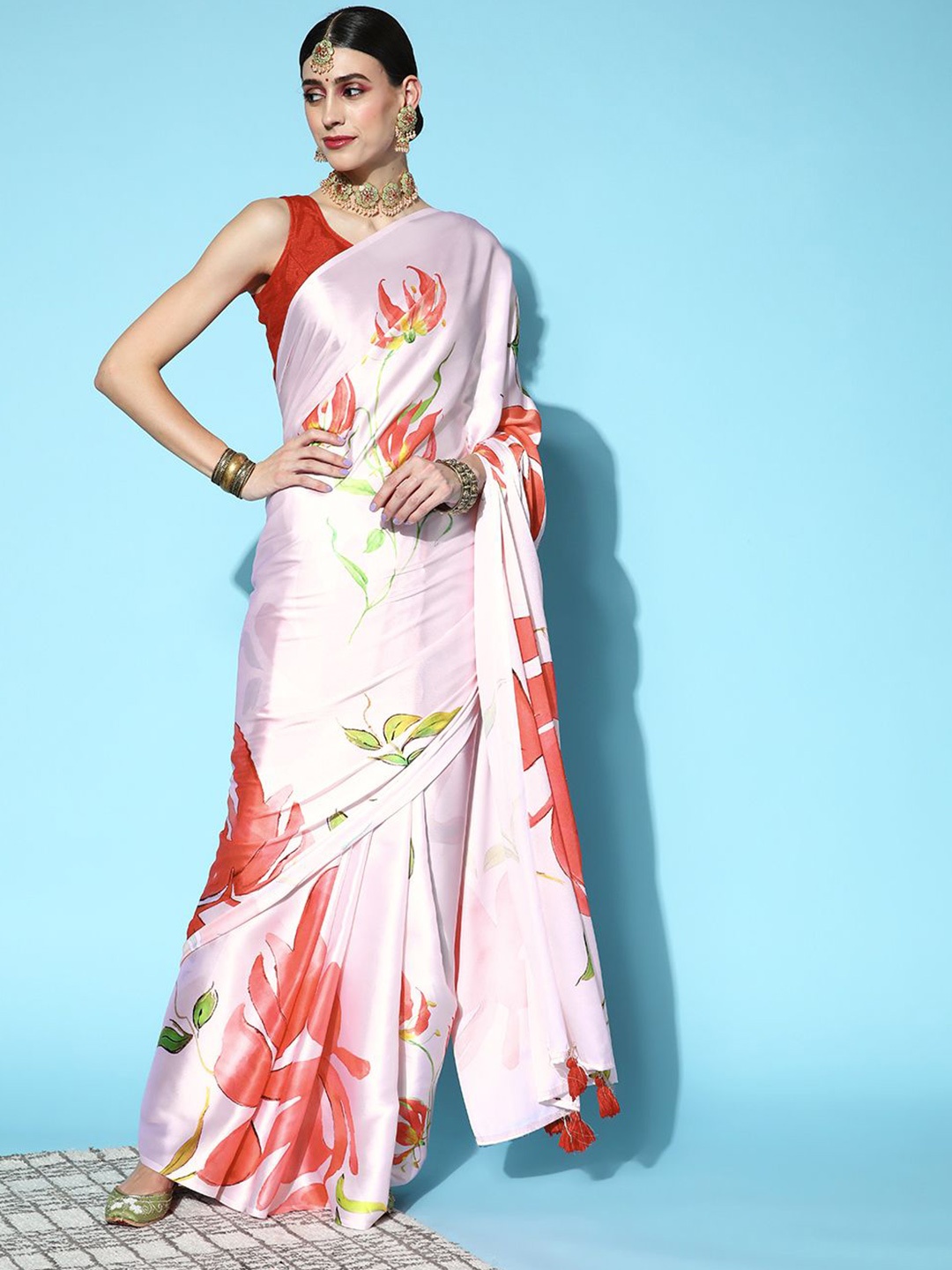

KIMISHA Floral Satin Saree, Pink