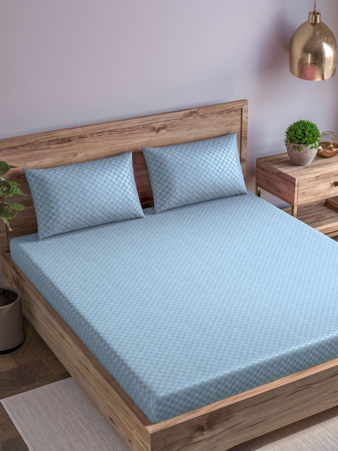 

Trance Home Linen Blue Checks 300 TC King Fitted Bedsheet with 2 Pillow Covers