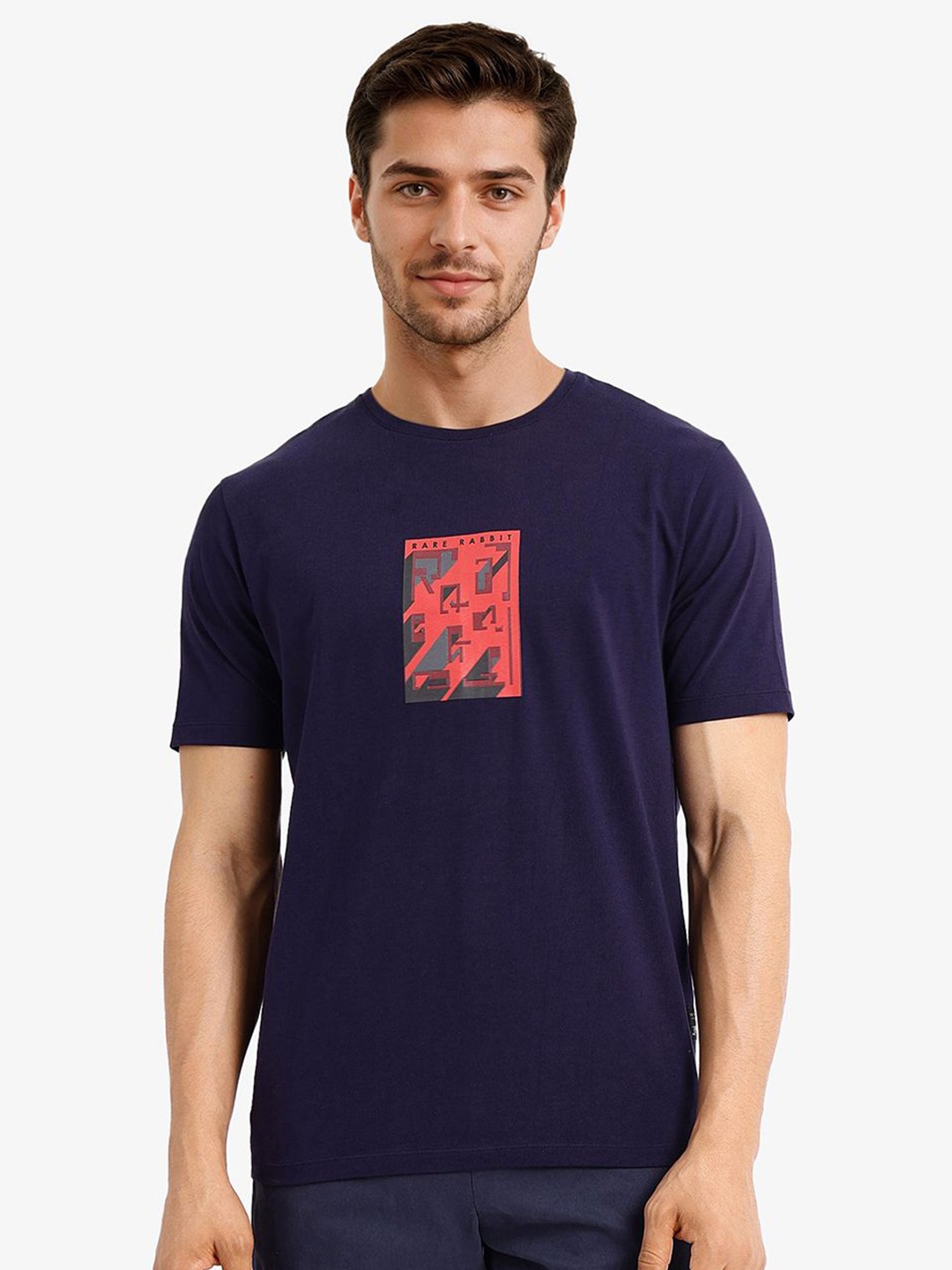 

RARE RABBIT Men V-Neck Raw Edge T-shirt, Navy blue