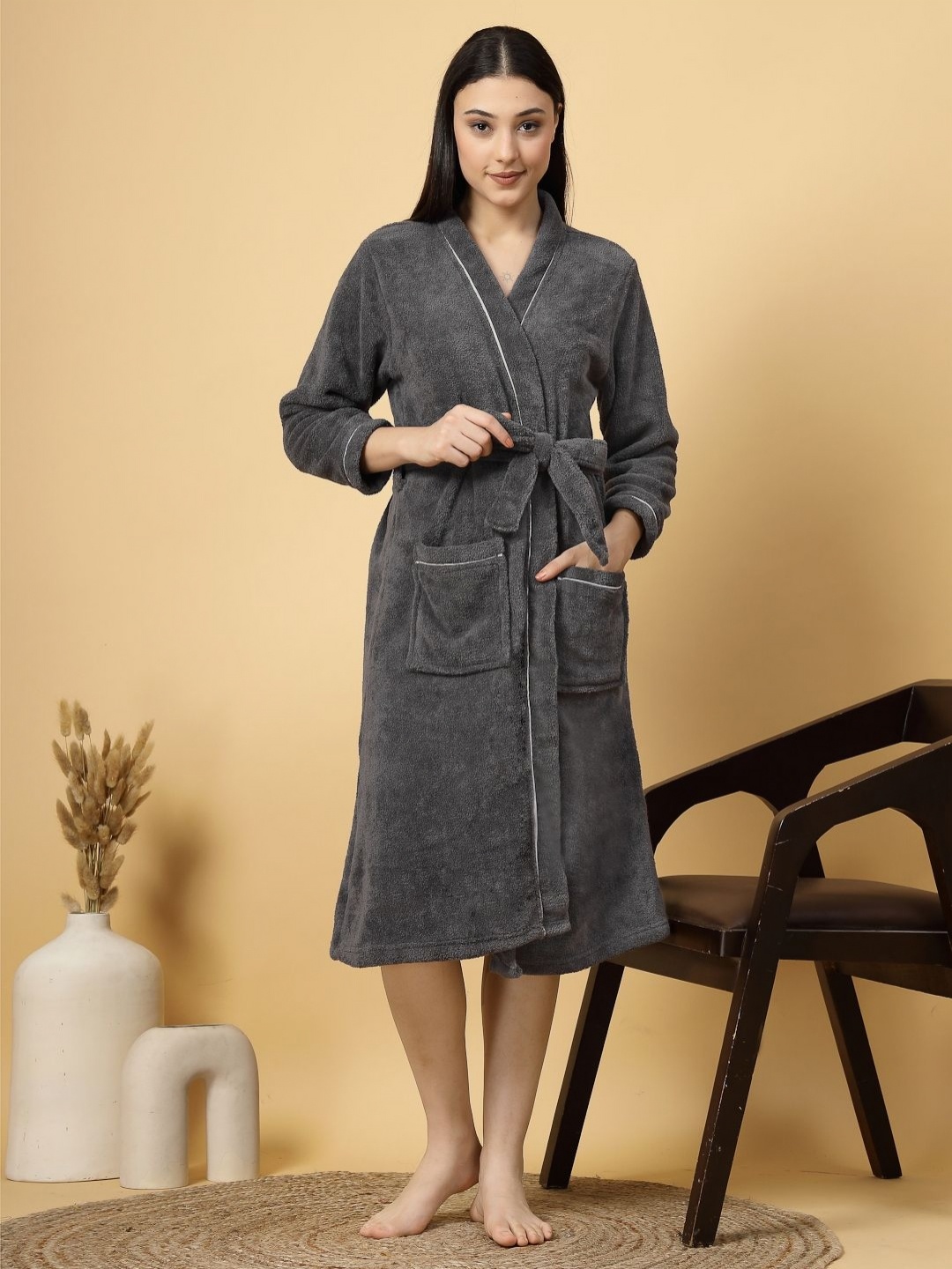 

FABINALIV Solid Cotton Bath Robe with Belt and 2 Front Pockets, Grey