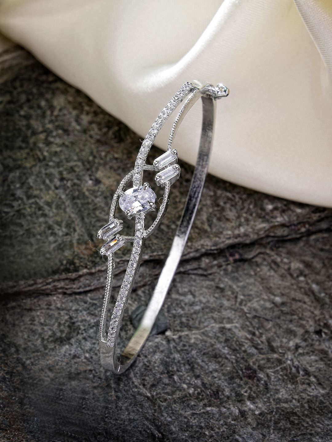 

ZENEME Brass American Diamond Rhodium-Plated Bangle-Style Bracelet, Silver