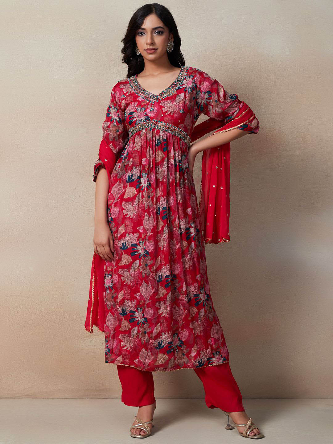 

Rang by Indya Women Floral Printed Regular Thread Work Kurta with Trousers & With Dupatta, Red