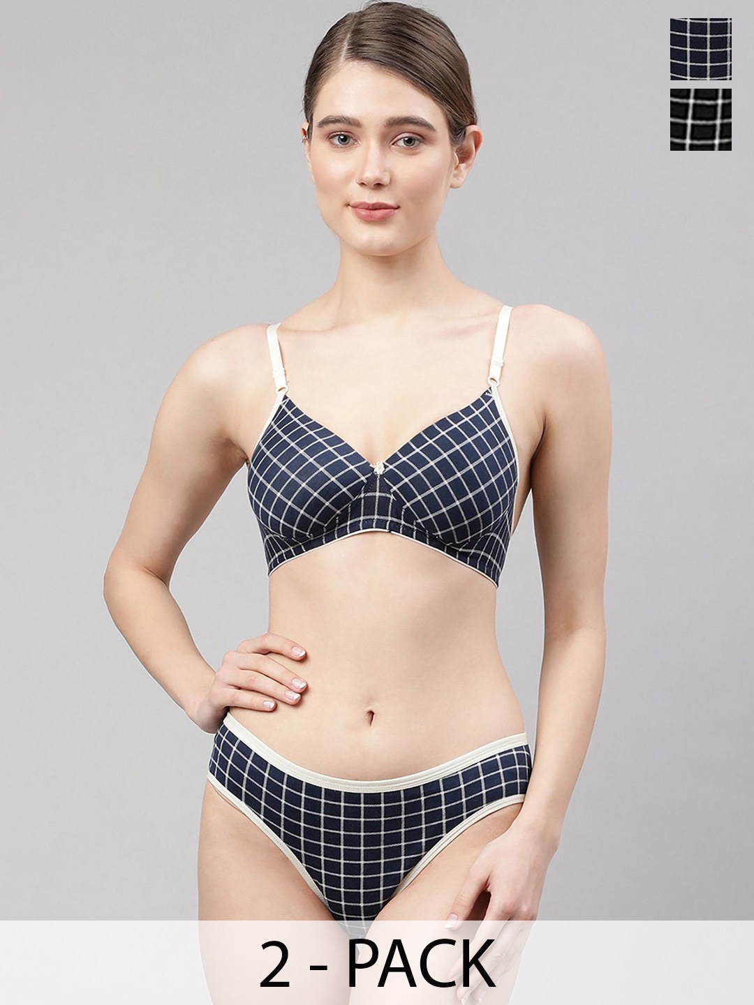 

AROUSY Pack Of 2 Cotton Lightly-Padded Lingerie Sets B_Beri Set2, Black