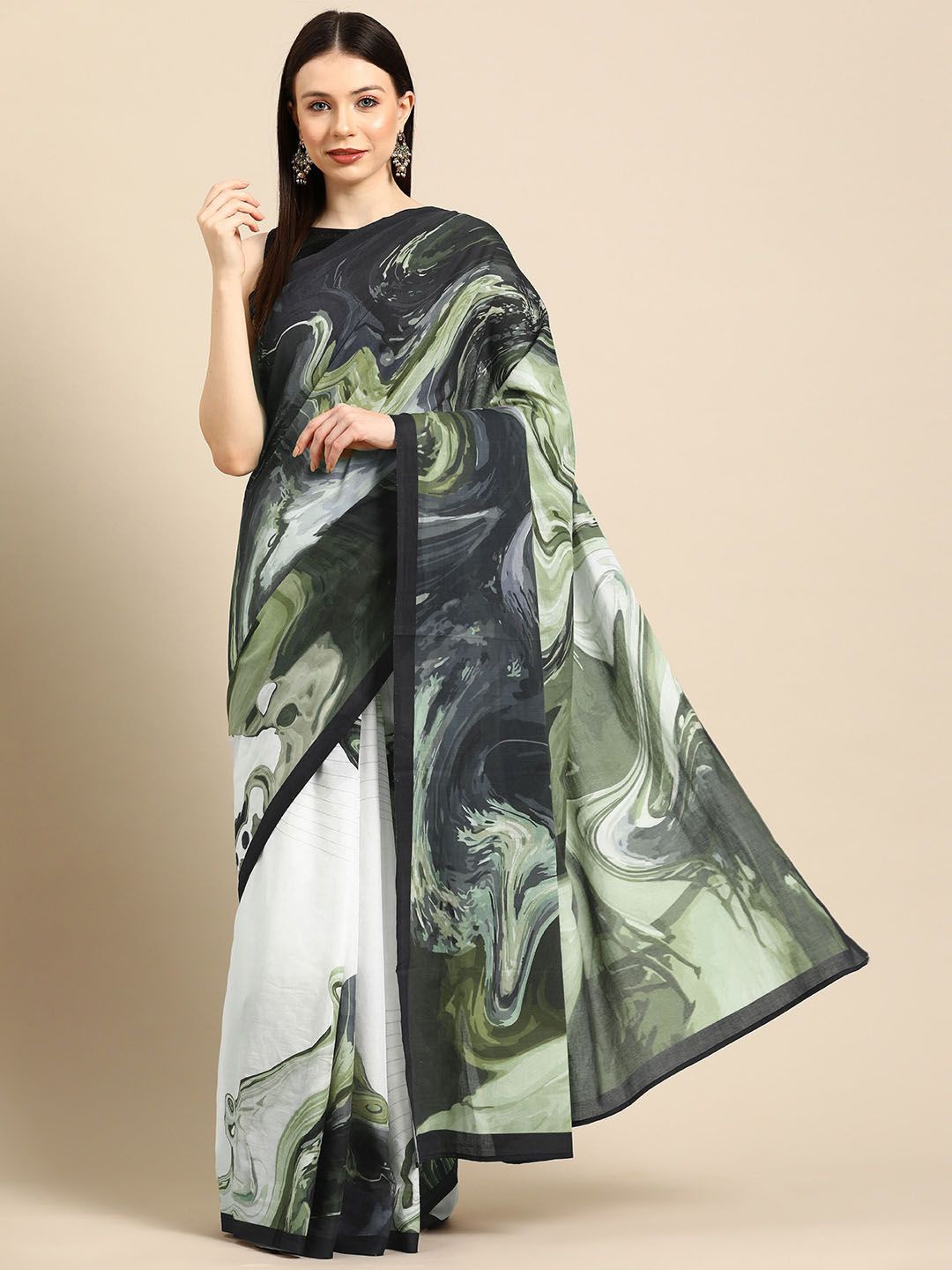 

BUTA BUTI Printed Abstract Pure Cotton Saree, Olive