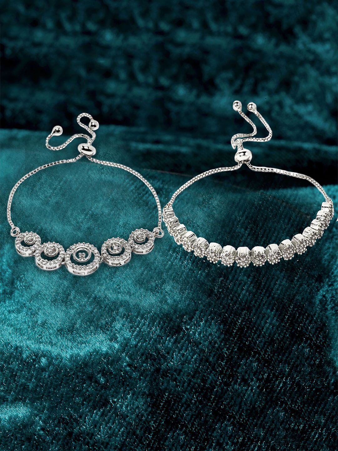 

ZENEME Set Of 2 Rhodium-Plated American Diamond Wraparound Bracelet, Silver
