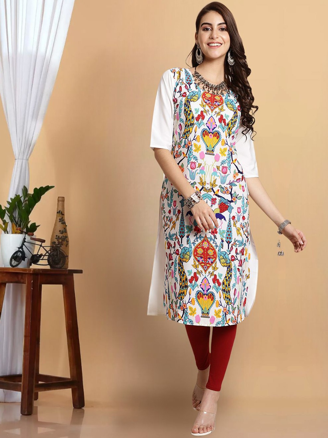 

1 Stop Fashion Floral Printed Round Neck Straight Crepe Kurta, White