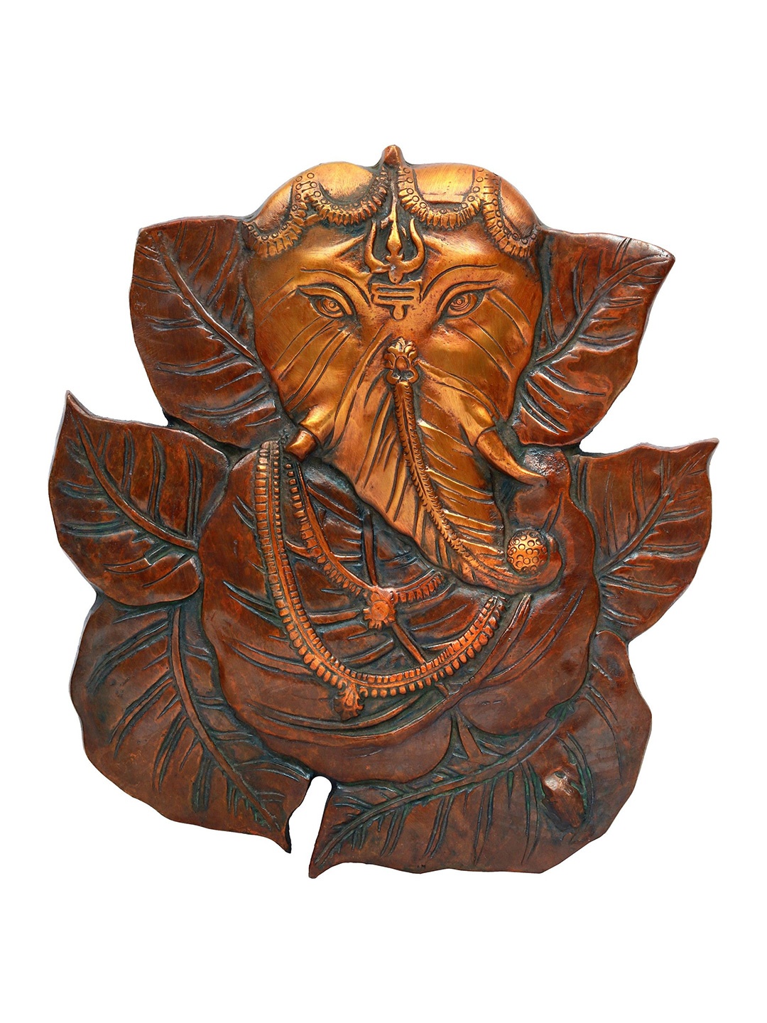 

Exotic India 8" Brass Pipal Leaf Ganesha with Trishul on Forehead Wall Hanging Statue, Brown