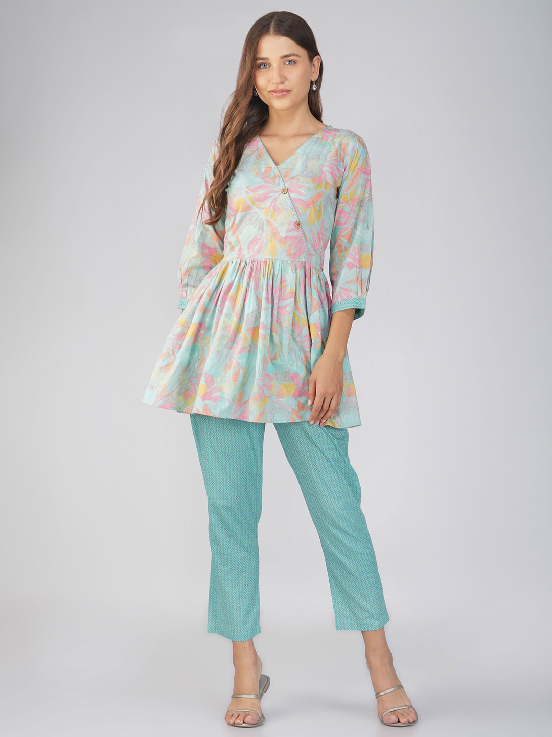 

Bindigasm Printed Pure Cotton Tunic & Trouser Co-Ord Set, Blue