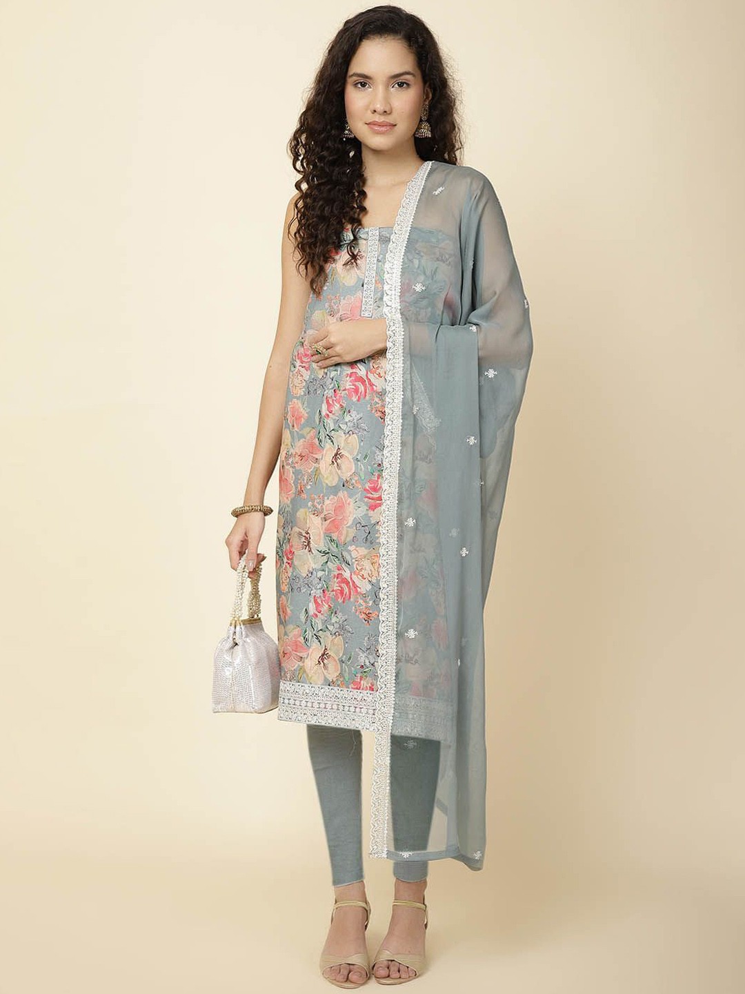 

Meena Bazaar Printed Unstitched Dress Material, Grey