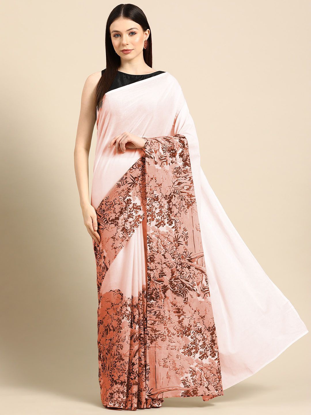 

BUTA BUTI Ethnic Motifs Printed Pure Cotton Saree, Taupe