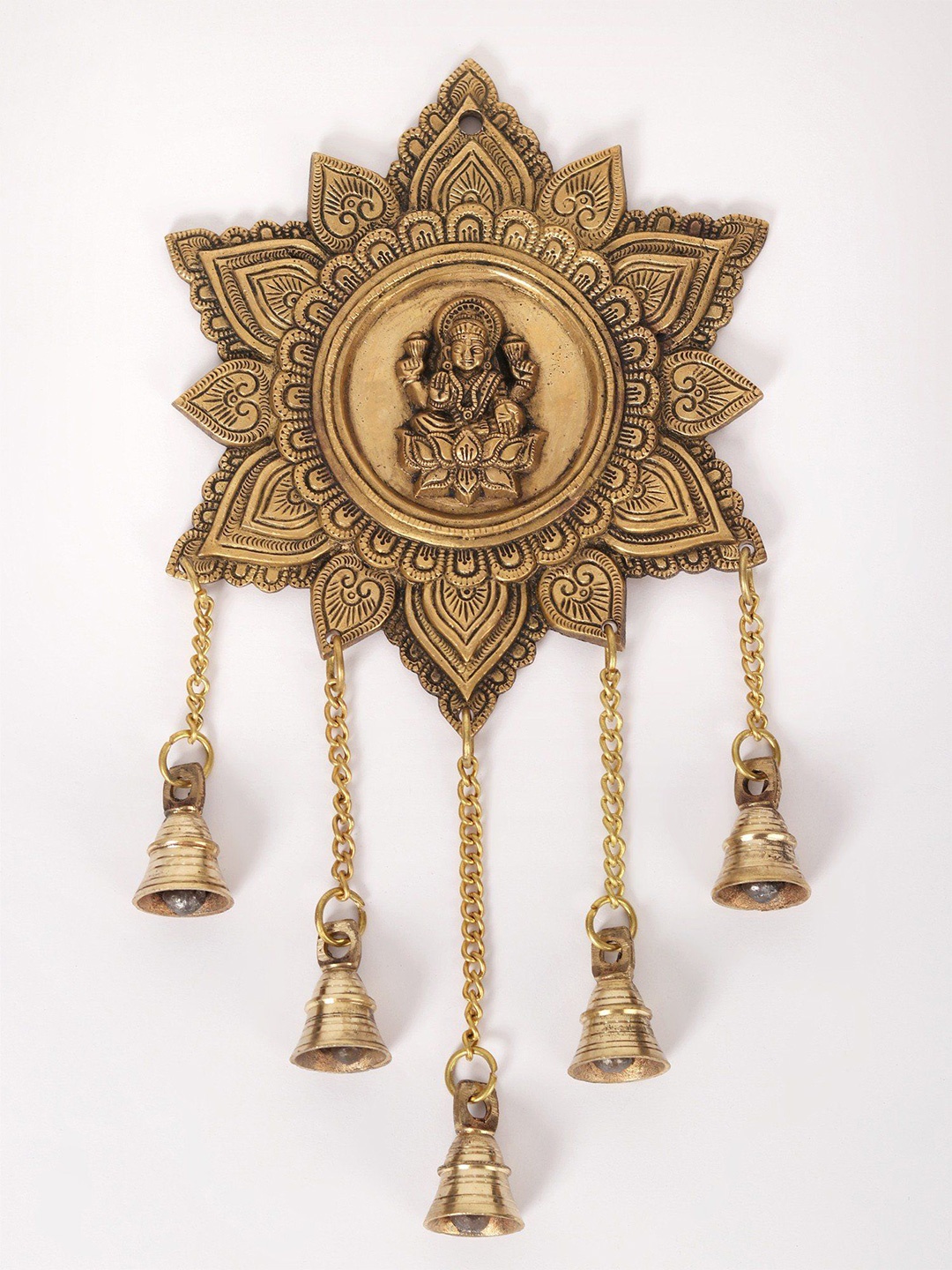 

Exotic India 15" Devi Lakshmi Wall Hanging with Dangling Bells in Brass, Gold