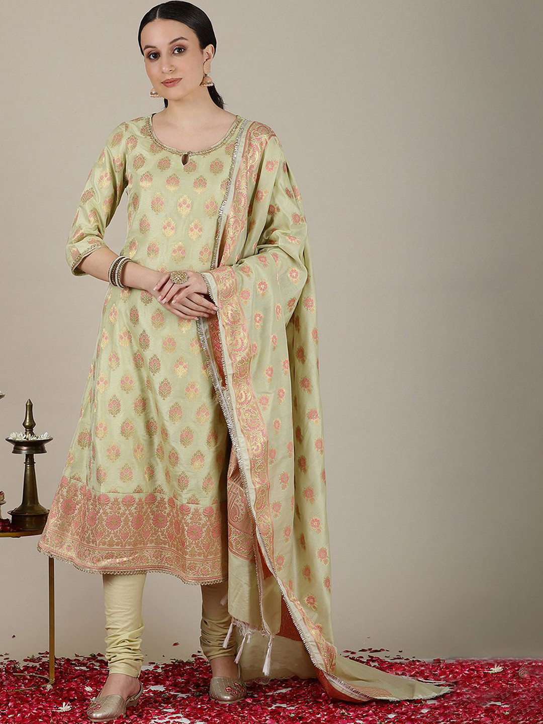 

AURELIA Women Panelled Beads and Stones Kurta with Churidar & With Dupatta, Green