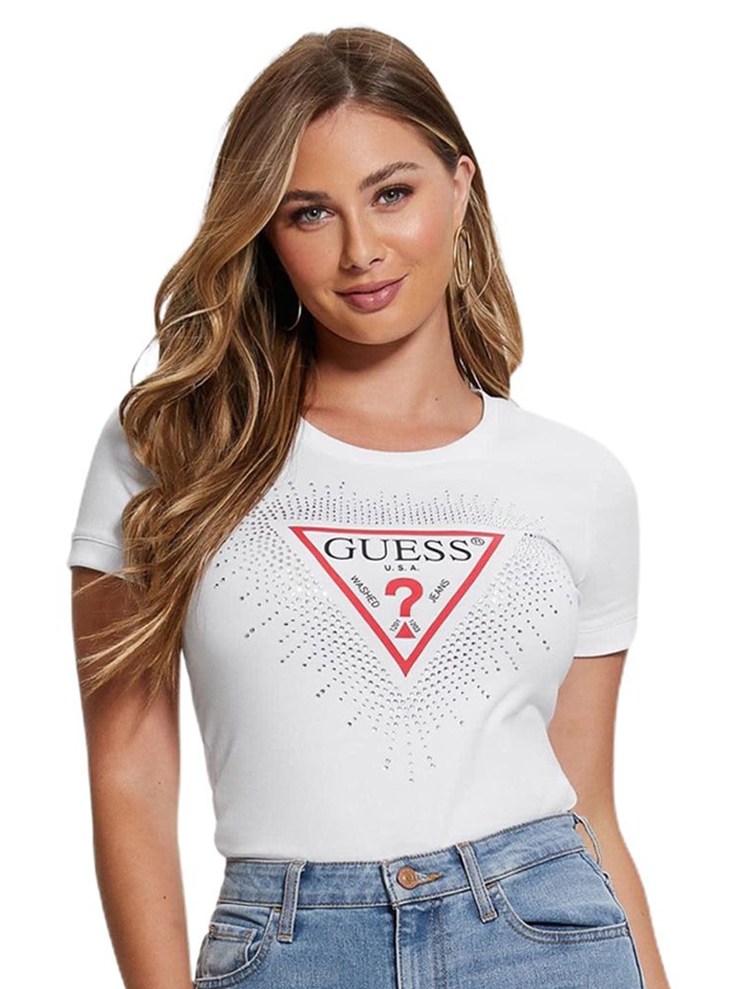

GUESS Women V-Neck Applique T-shirt, White