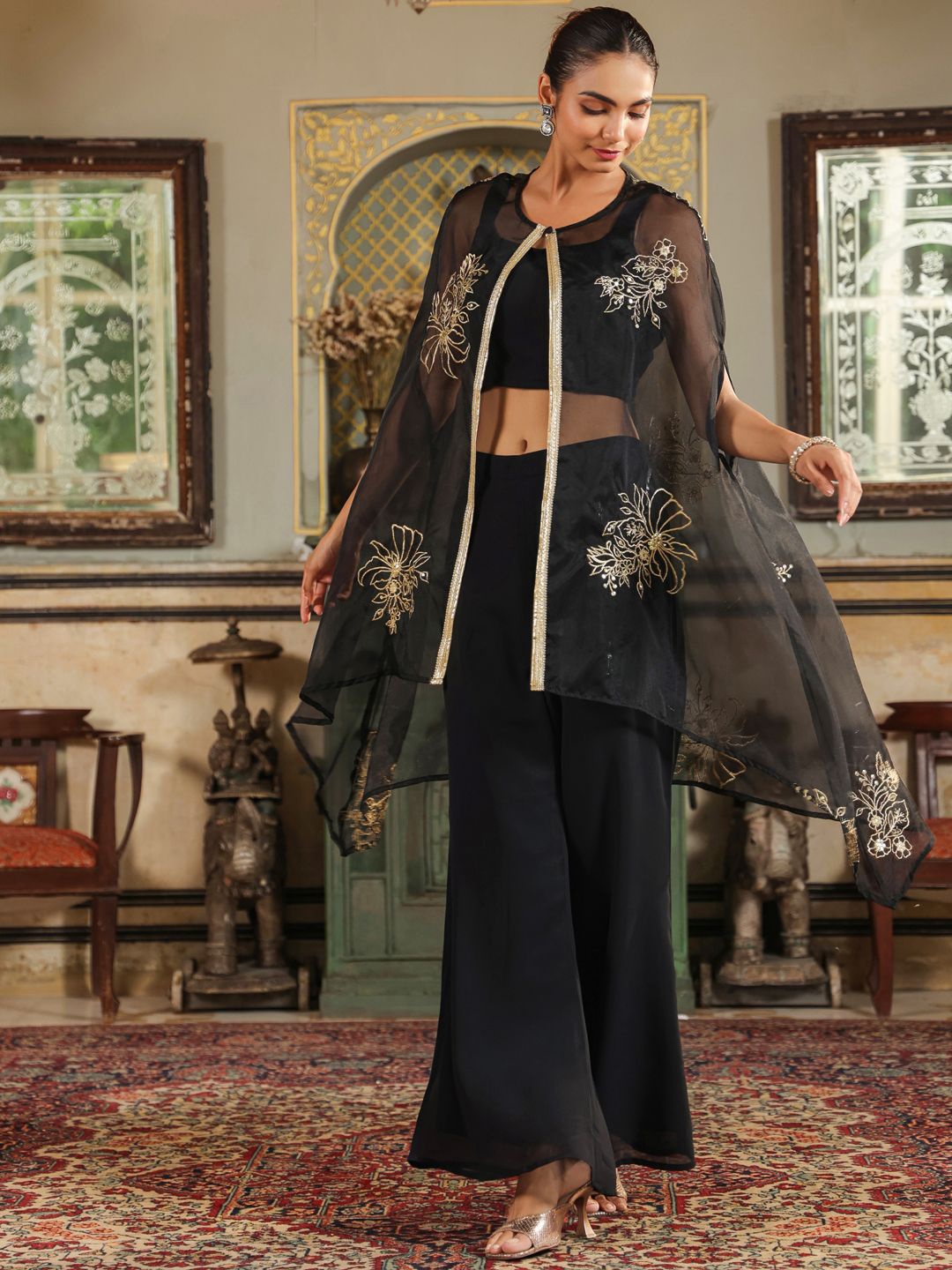 

Janasya Georgette Zari Embroidered Crop Top With Trousers & Cape Set, Black
