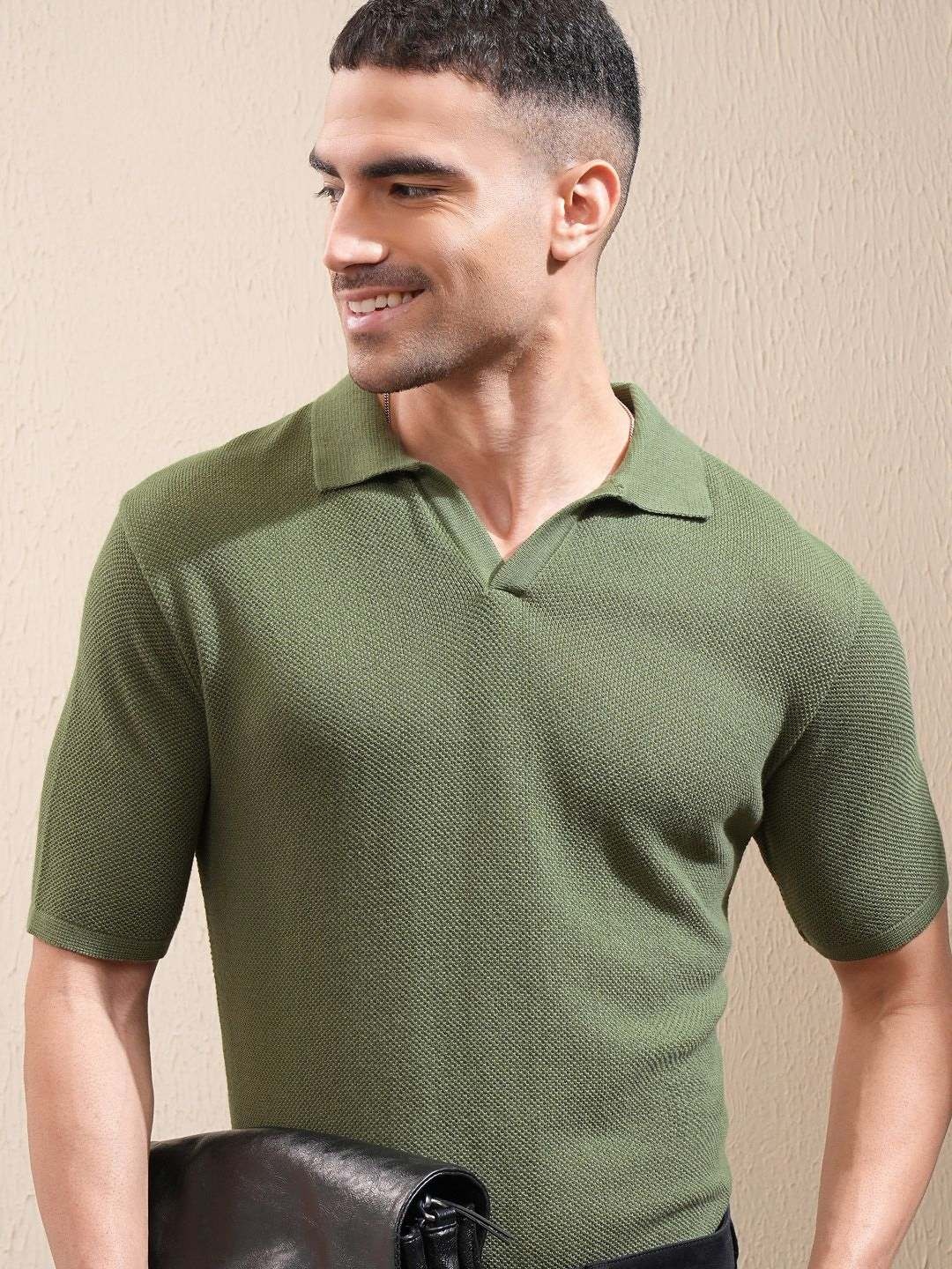 

LOCOMOTIVE Premium Men Knited Textured Polo Neck Relaxed Fit Tshirt, Olive