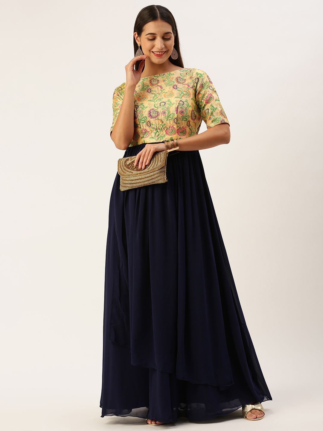 

Ethnovog Floral Print Georgette Maxi Dress, Navy blue