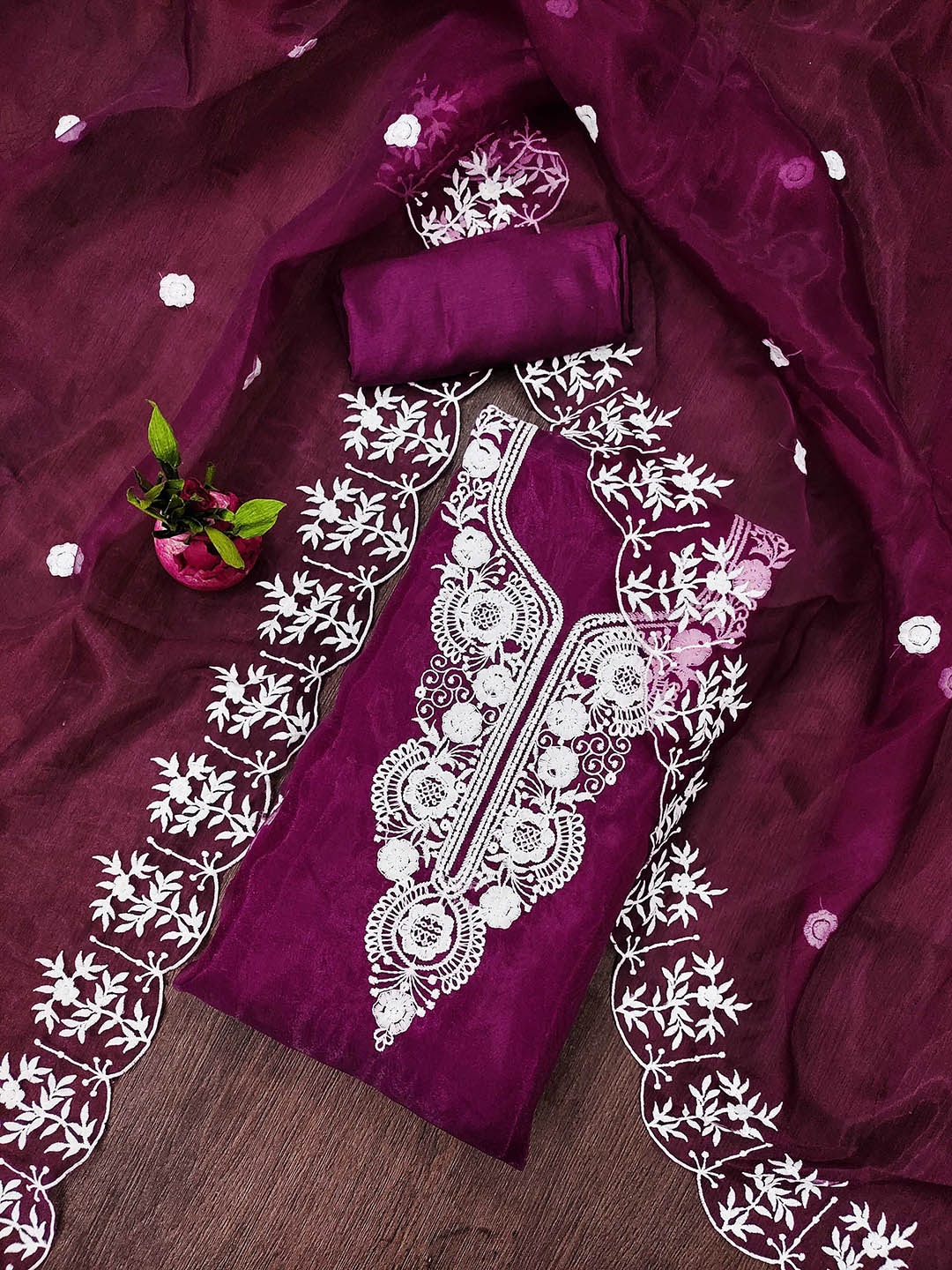 

MANVAA Embroidered Organza Unstitched Dress Material, Purple