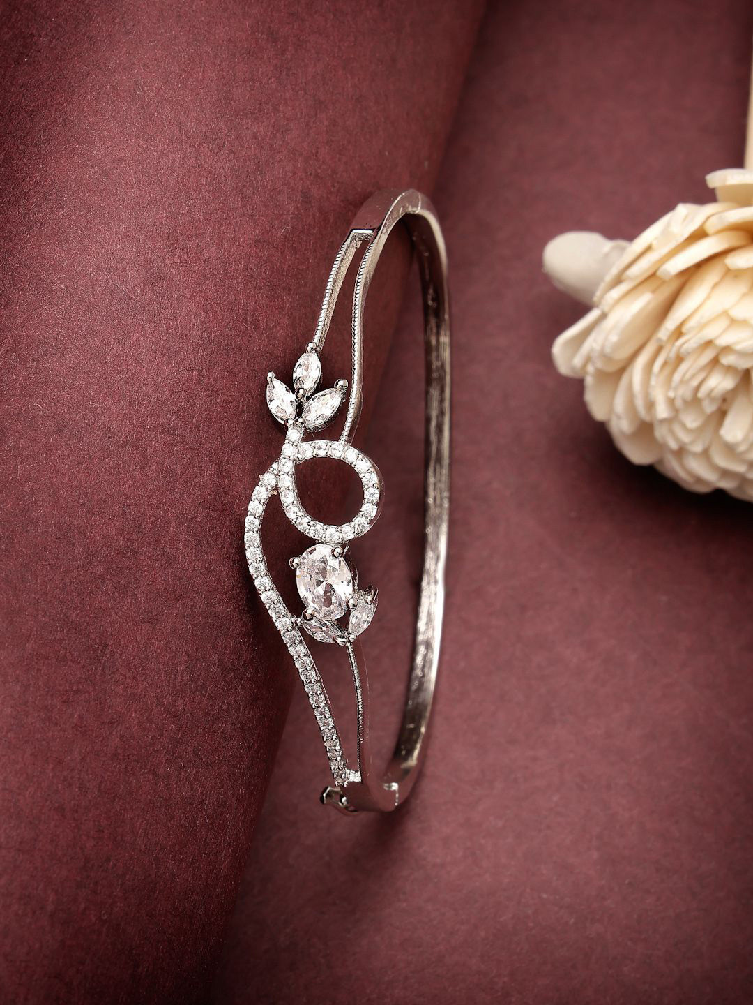 

ZENEME Rhodium-Plated American Diamond Studded Bangle-Style Bracelet, Silver