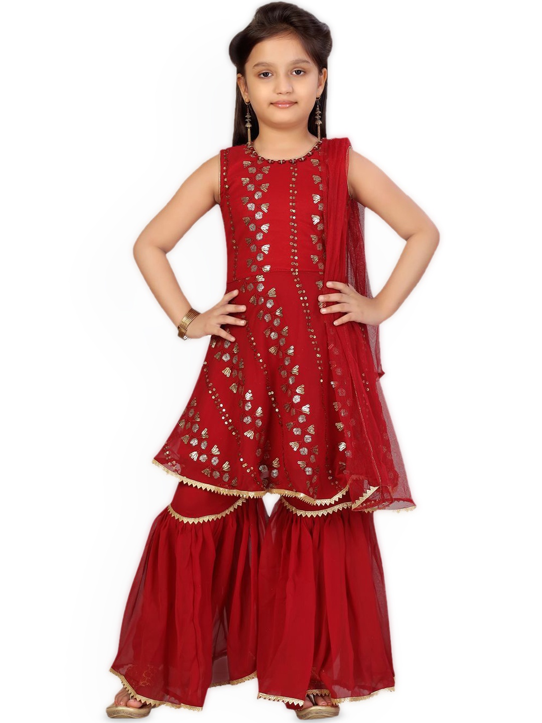 

BAESD Girls Floral Embroidered Regular Kurta with Sharara & With Dupatta, Maroon