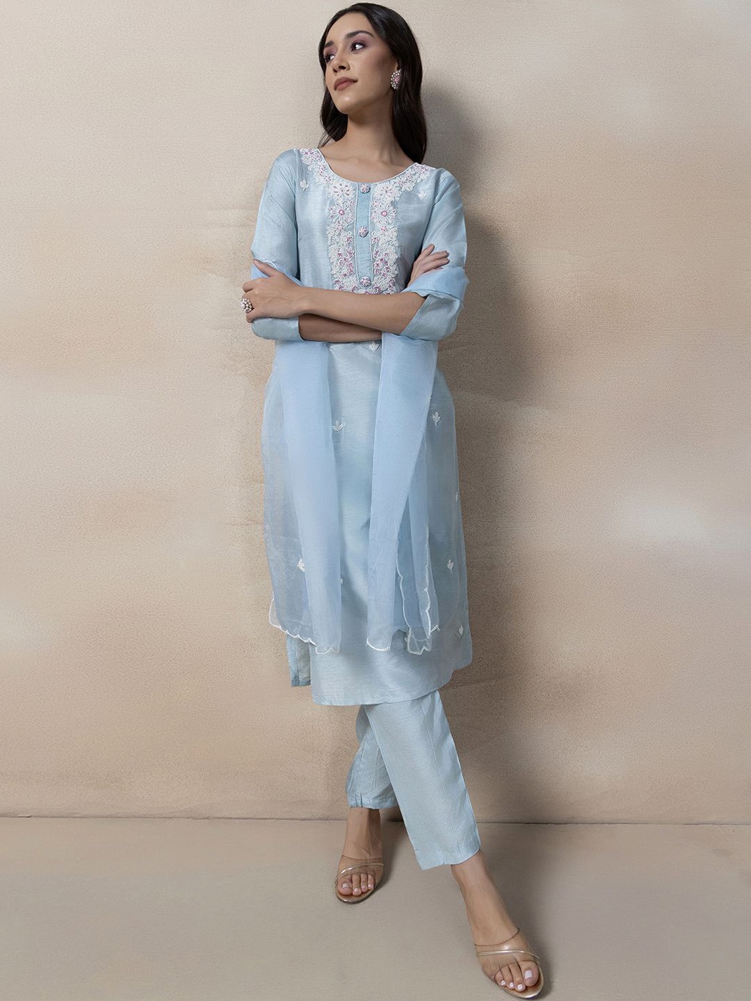 

Rang by Indya Women Yoke Design Regular Beads and Stones Kurta with Trousers & With Dupatta, Blue