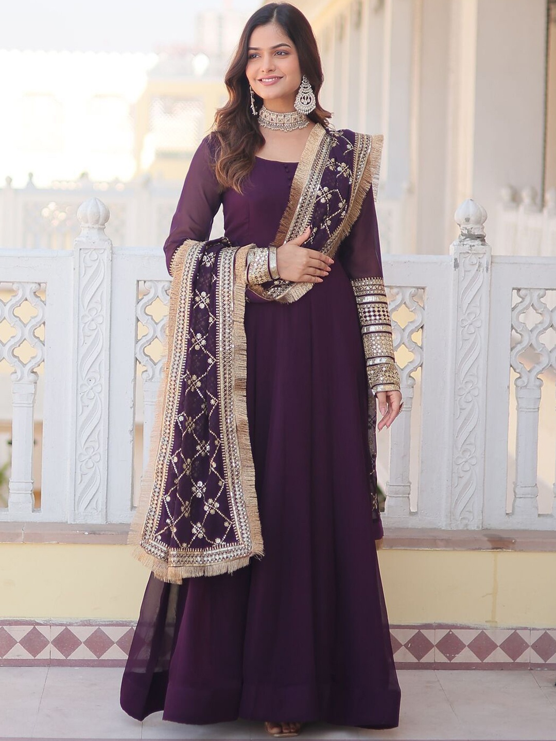 

KALINI Women Embroidered Regular Sequinned Kurta with Pyjamas & With Dupatta, Purple