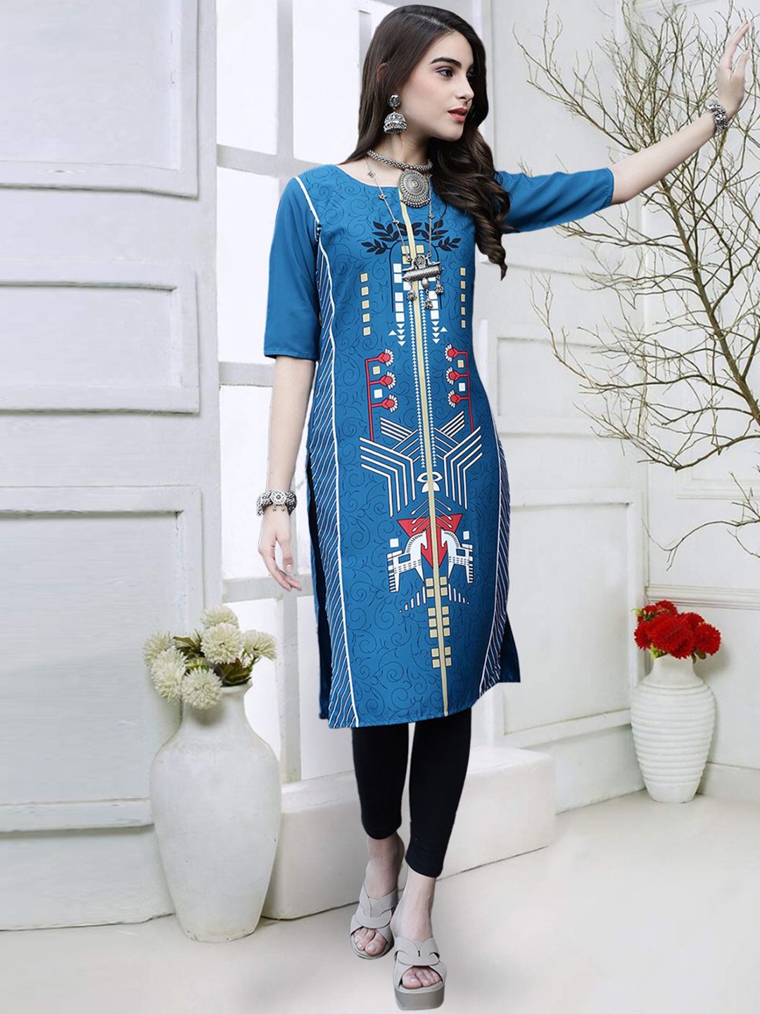 

7Threads Abstract Printed Round Neck Straight Kurta, Blue