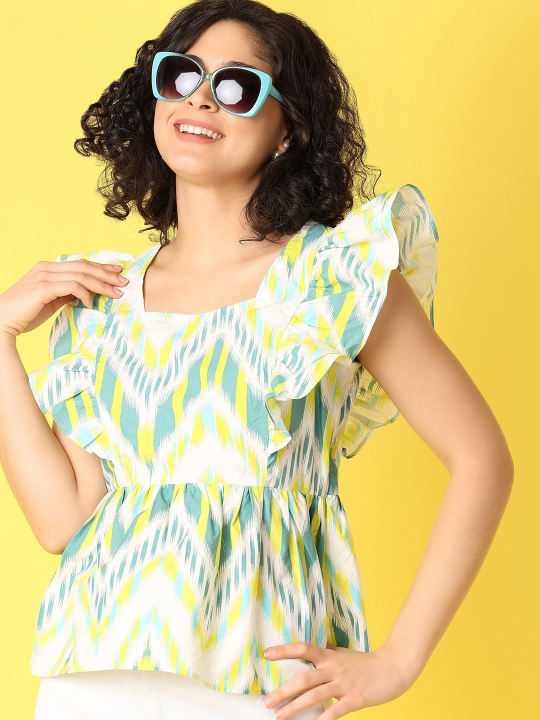 

UNLIMITED Women Abstract Printed Square Neck Cotton Top, White