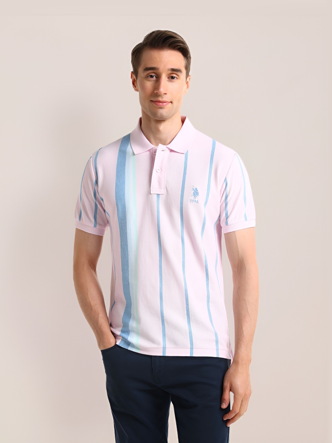 

U.S. Polo Assn. Men Striped Polo Collar Pockets Slim Fit T-shirt, Pink