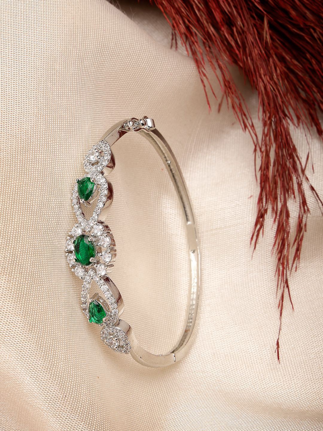 

ZENEME Rhodium-Plated American Diamond Bangle-Style Bracelet, Silver
