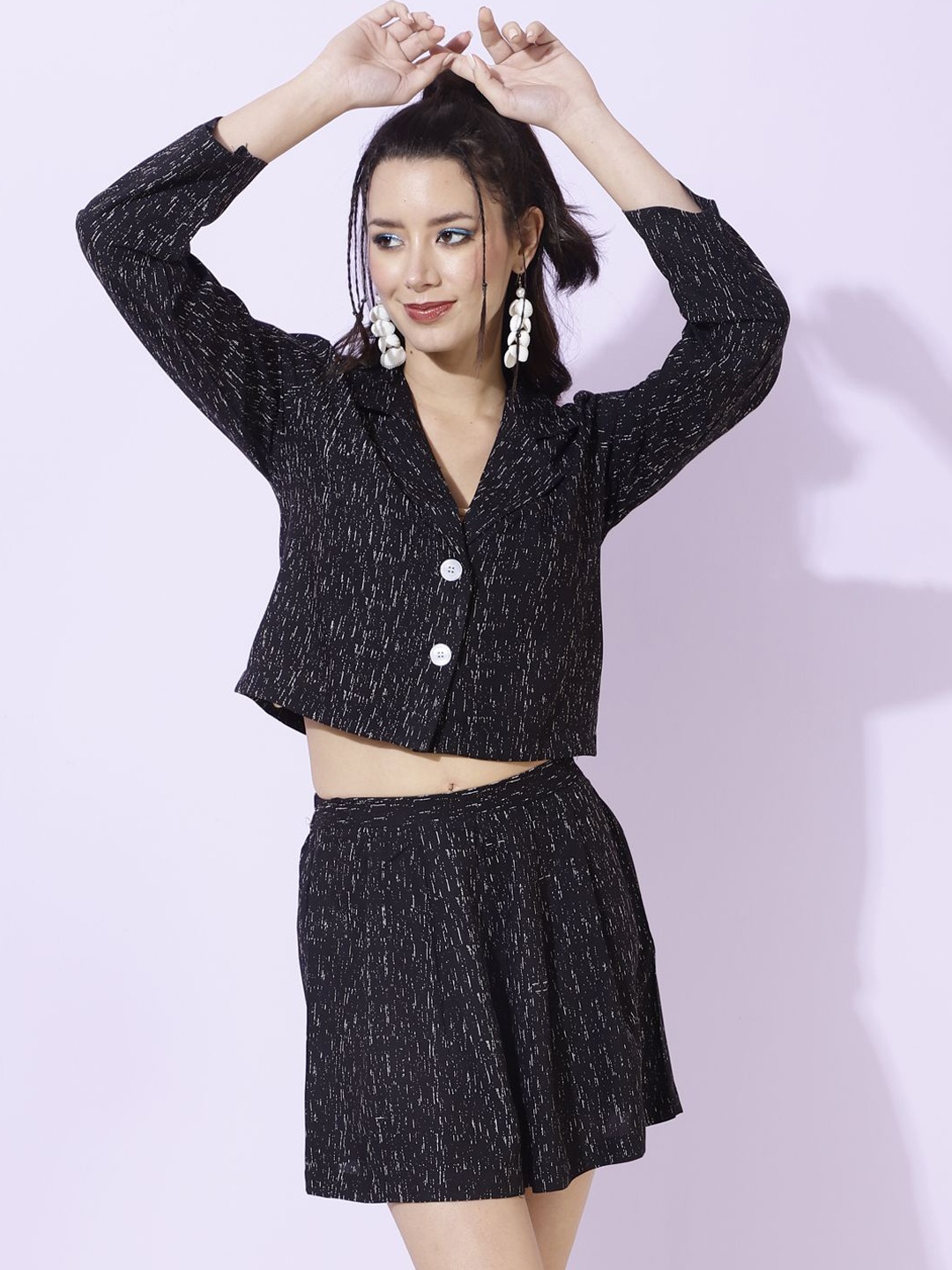 

DAEVISH Ditsy Printed Crop Blazer With Skirt Co-Ords, Black