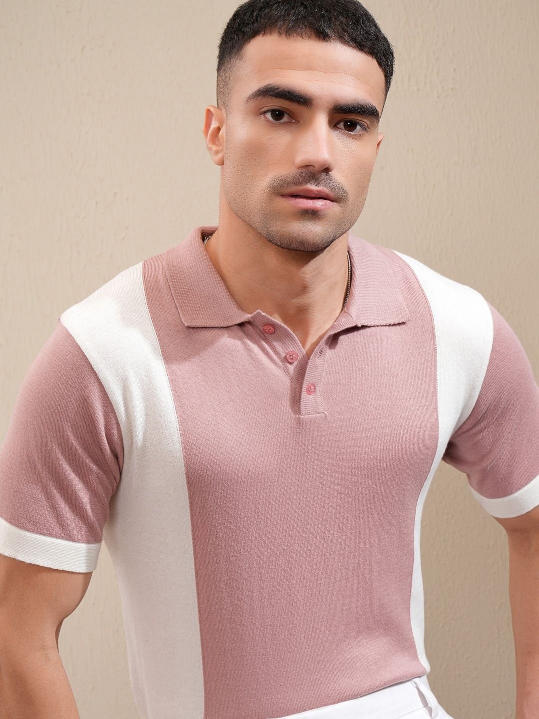 

LOCOMOTIVE Premium Men Knited Textured Polo Neck Relaxed Fit Tshirt, Pink