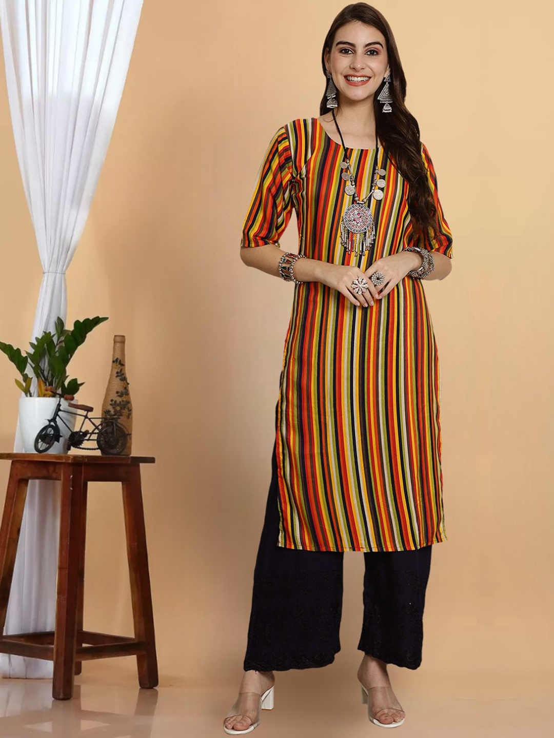 

7Threads Striped Printed Straight Kurta, Yellow