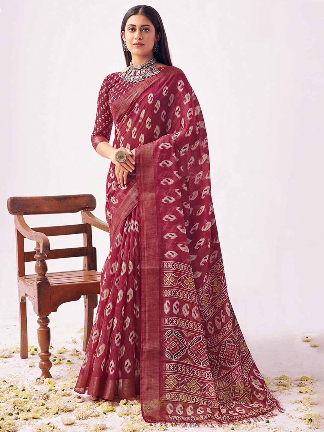 

SANSKAR Batik Zari Saree, Red