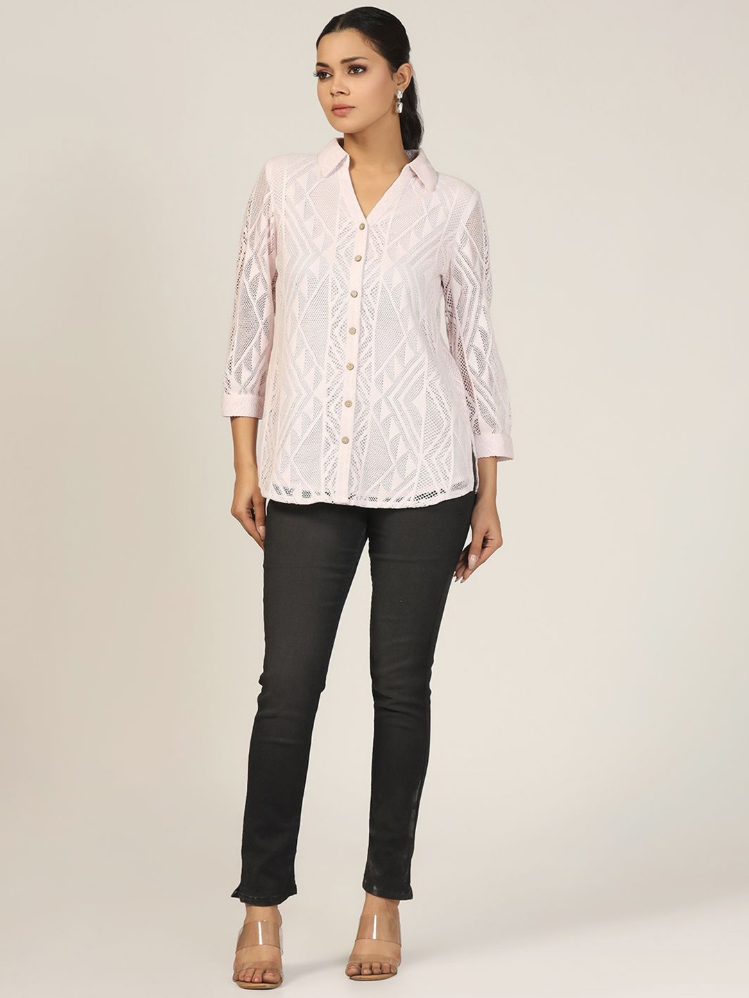 

Mustard Women Spread Collar Schiffli Cotton Casual Shirt, Lavender