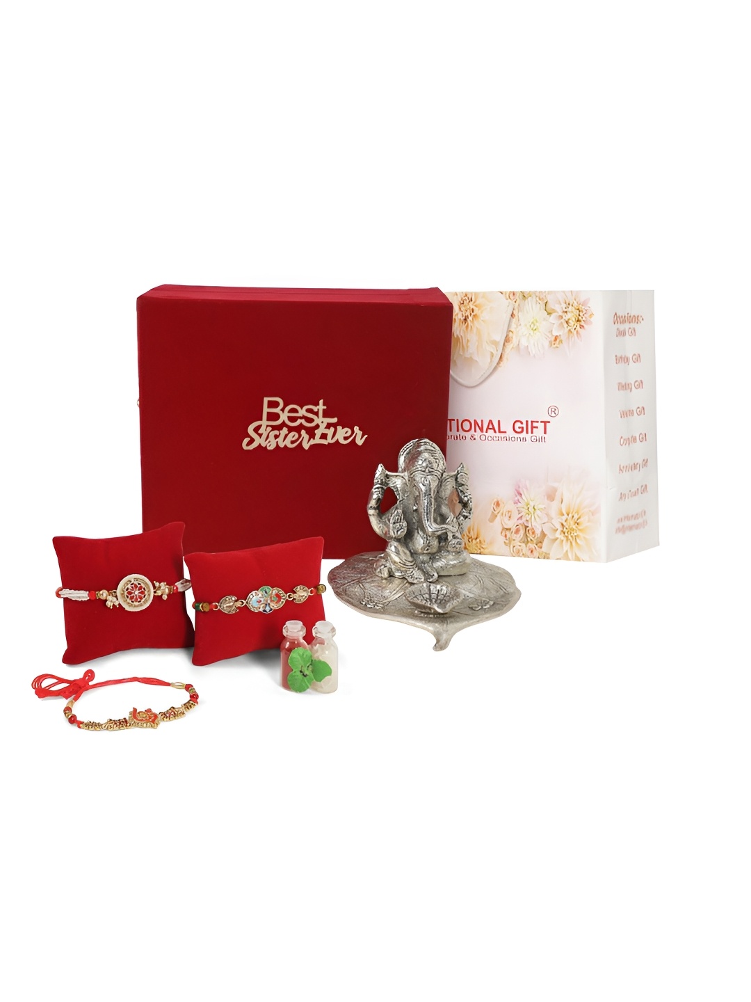 

INTERNATIONAL GIFT Set Of 3 Rakhi Gift Set with Silver Patta Ganesh God Idol