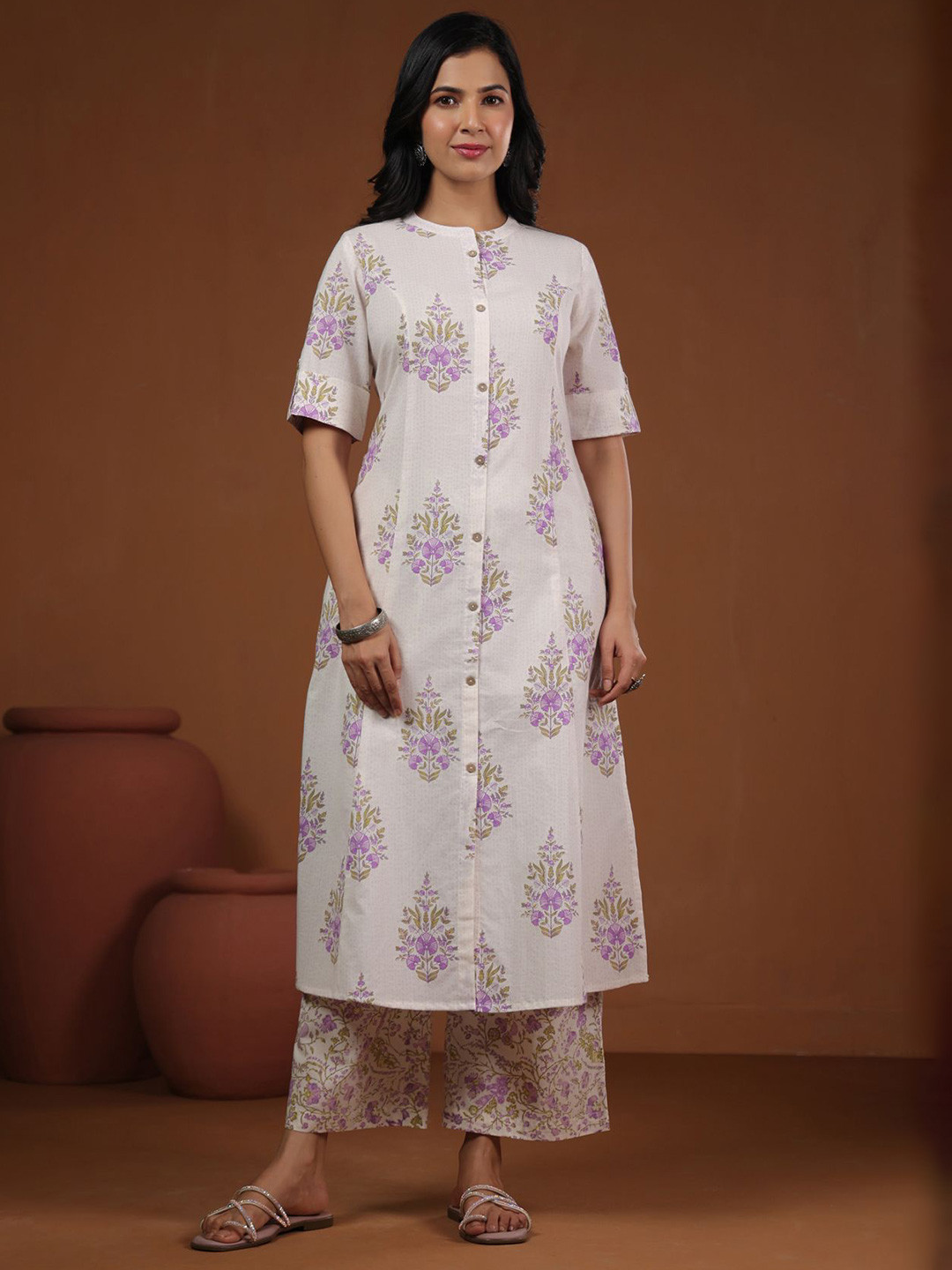 

PIROH Women Printed Regular Pure Cotton Kurta with Trousers, Purple