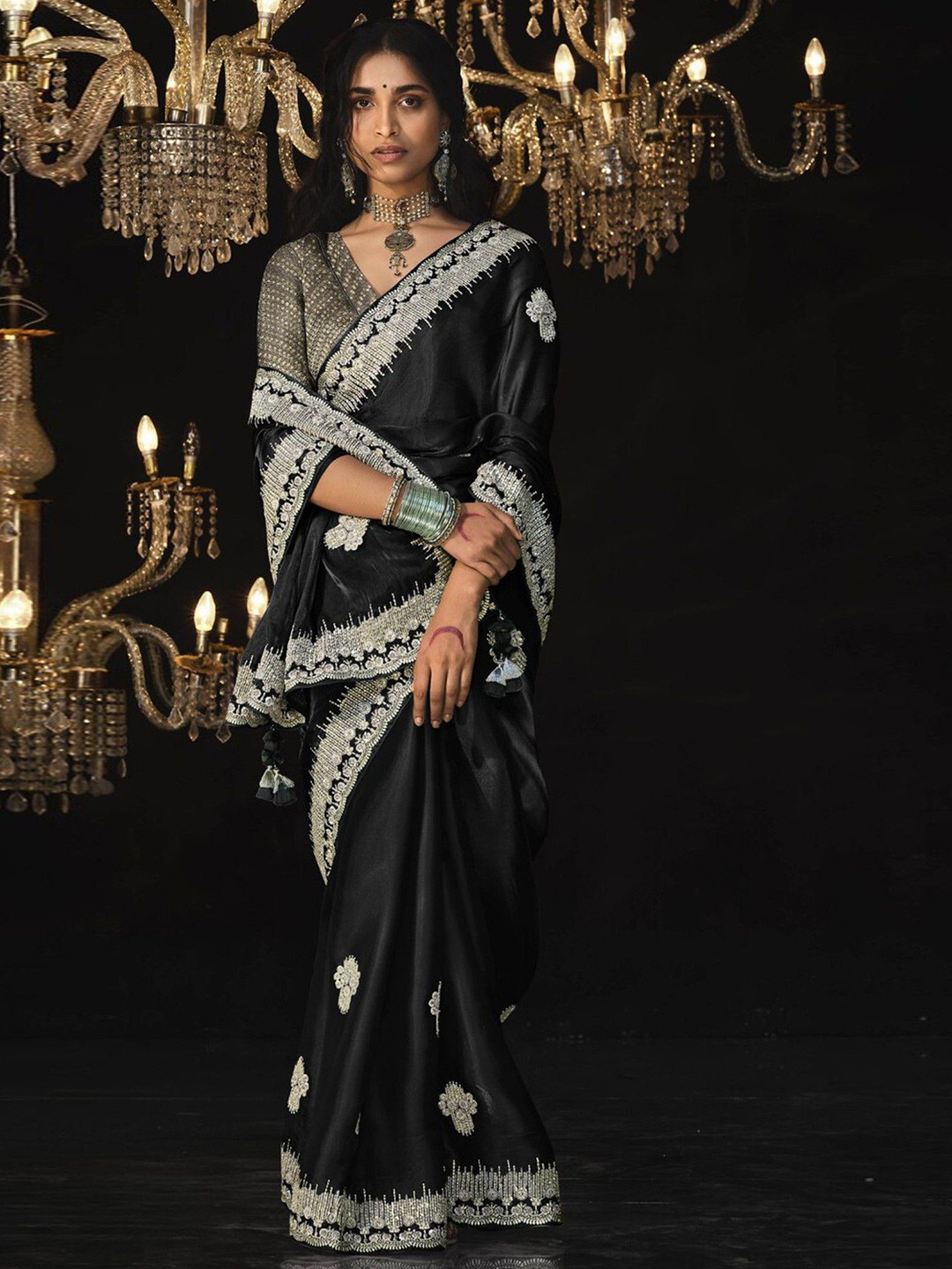 

MySilkLove Embellished Embroidered Tissue Saree, Black