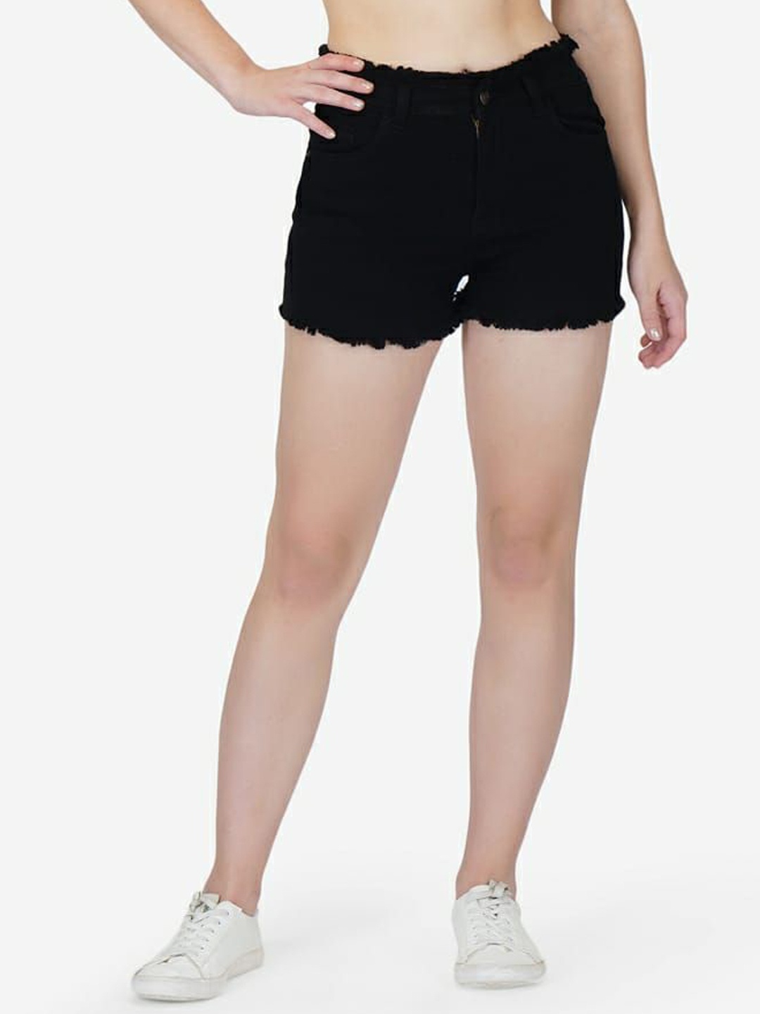 

FASHIONFIBRE Women Slim Fit High-Rise Denim Denim Shorts, Black