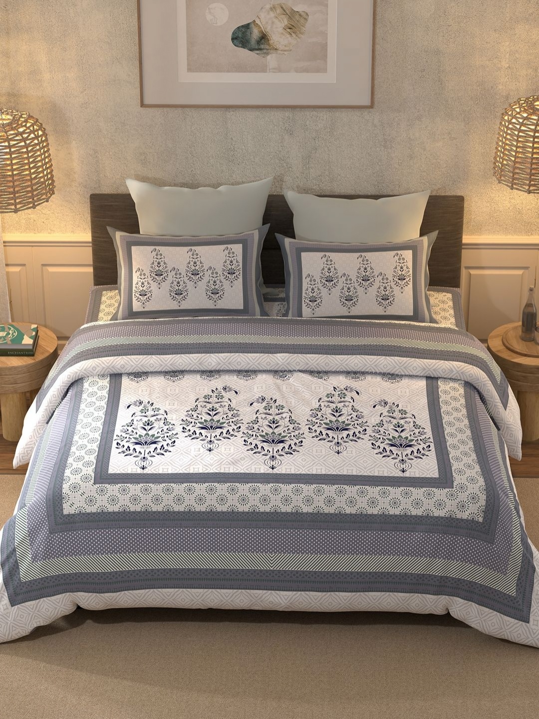 

BELLA CASA Blue & Grey 350 TC King Bedsheet with 2 Pillow Covers
